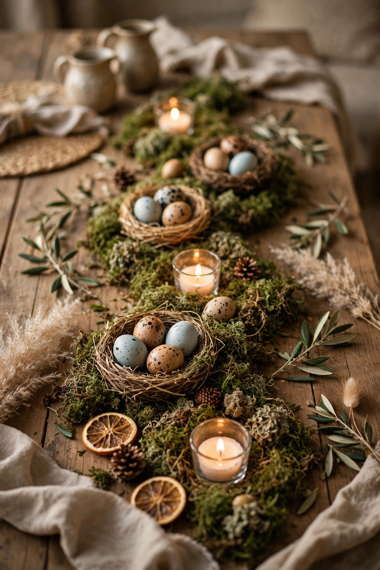 Faux moss scattered down a table centre with nested eggs