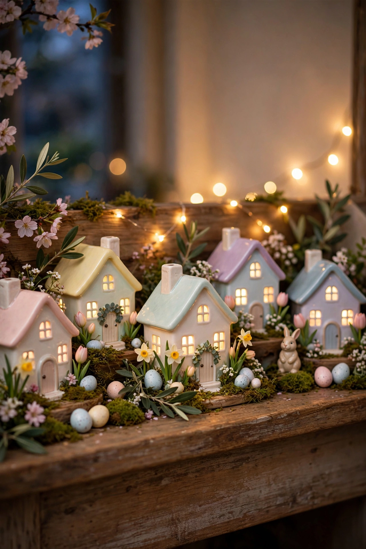 Little ceramic Easter cottages arranged as a village on a mantel