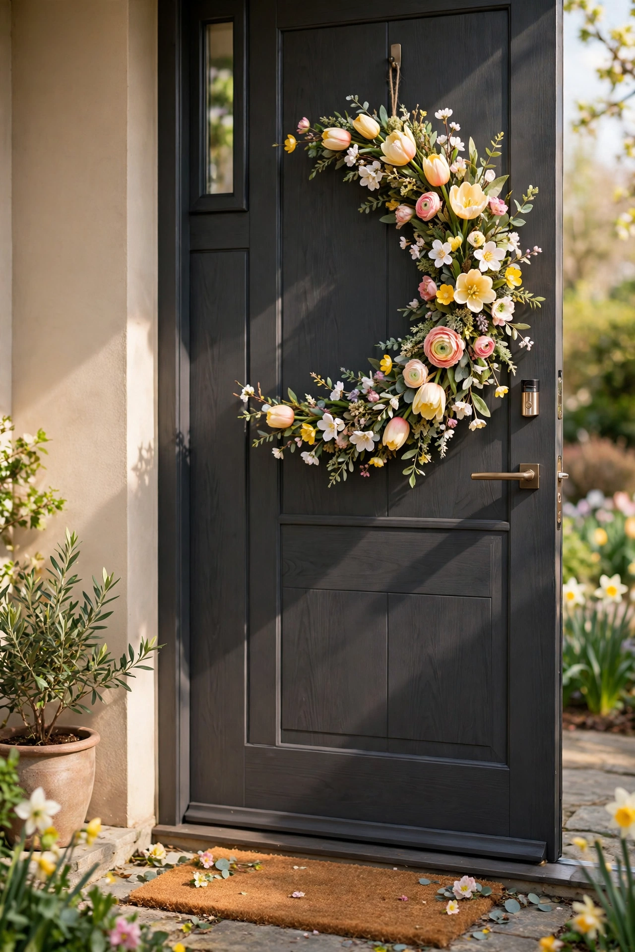 Half-moon of faux spring flowers on a front door