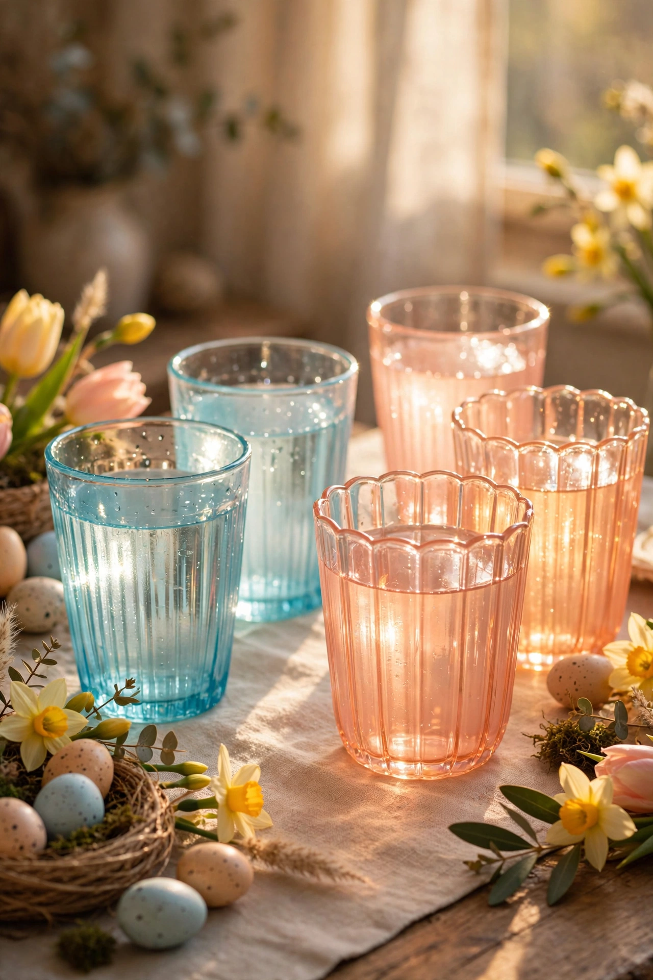 Pastel-tinted tumblers catching light on an Easter table