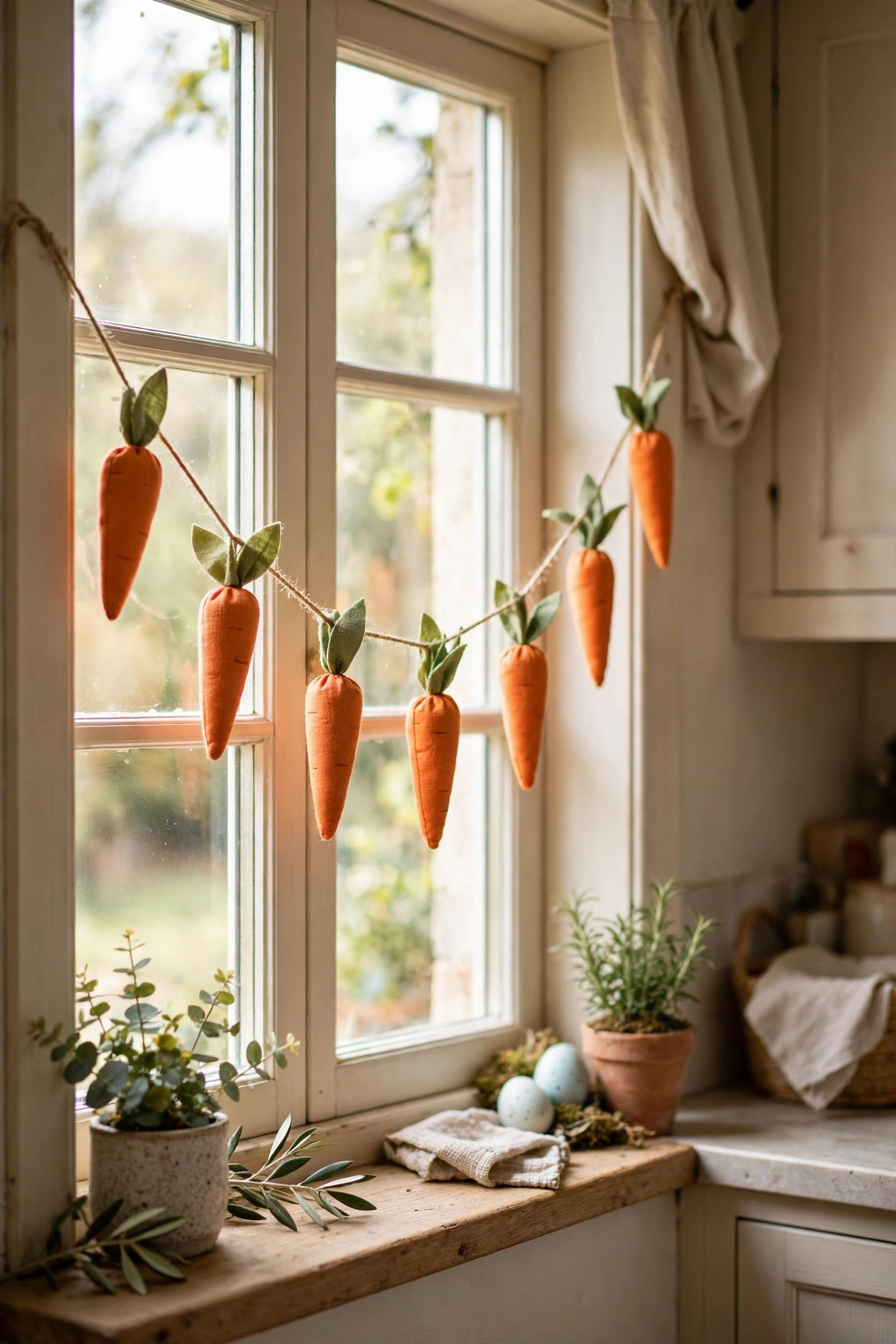 String of fabric carrots draped across a kitchen window