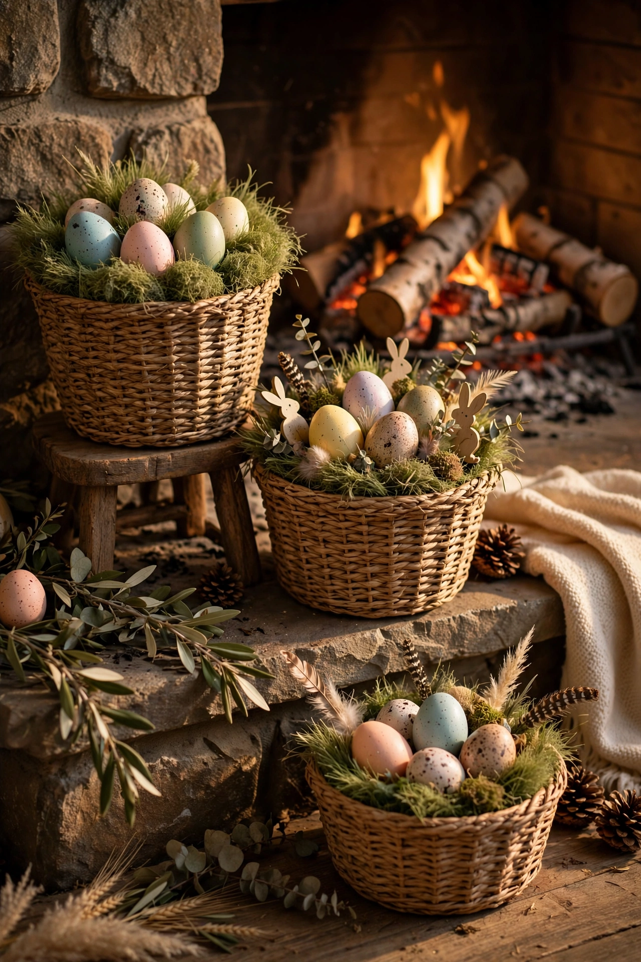 Woven baskets with faux grass and eggs by a fireplace