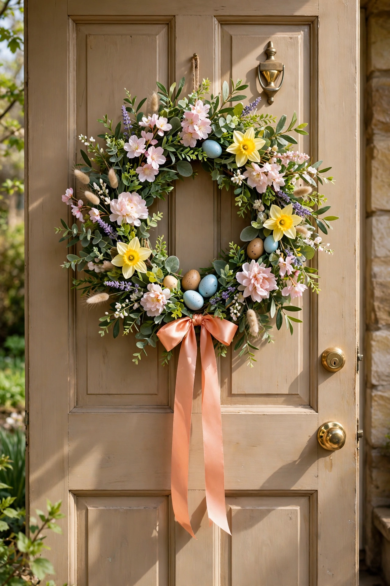 Refreshed wreath with new faux blooms and ribbon on a door