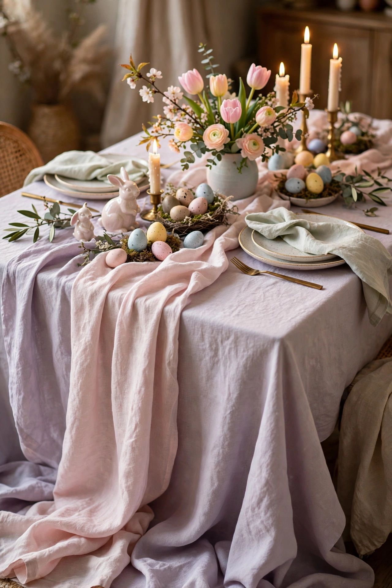 Soft pastel tablecloth draping generously on a dining table