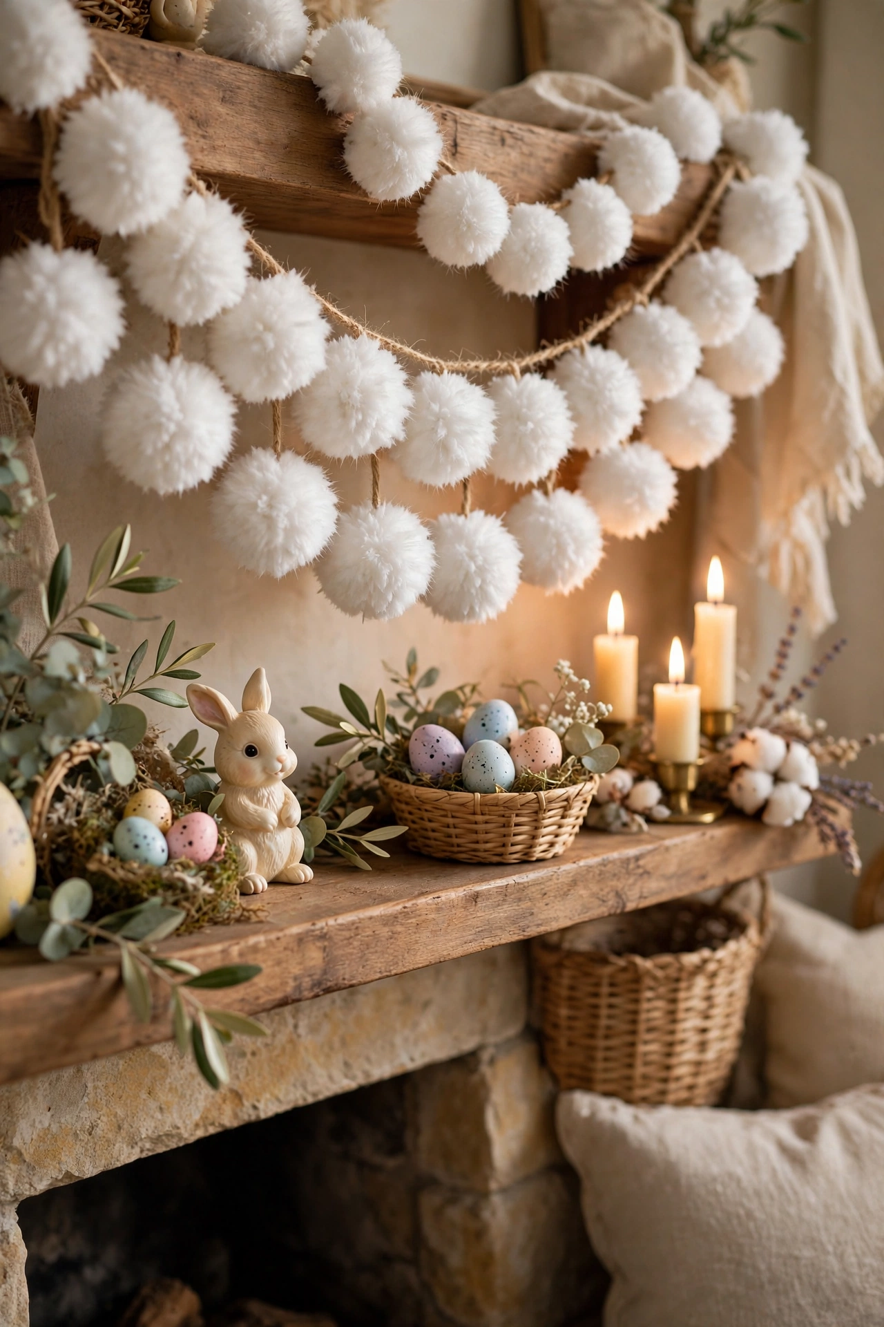 Fluffy white pom-pom garland like bunny tails across a mantel