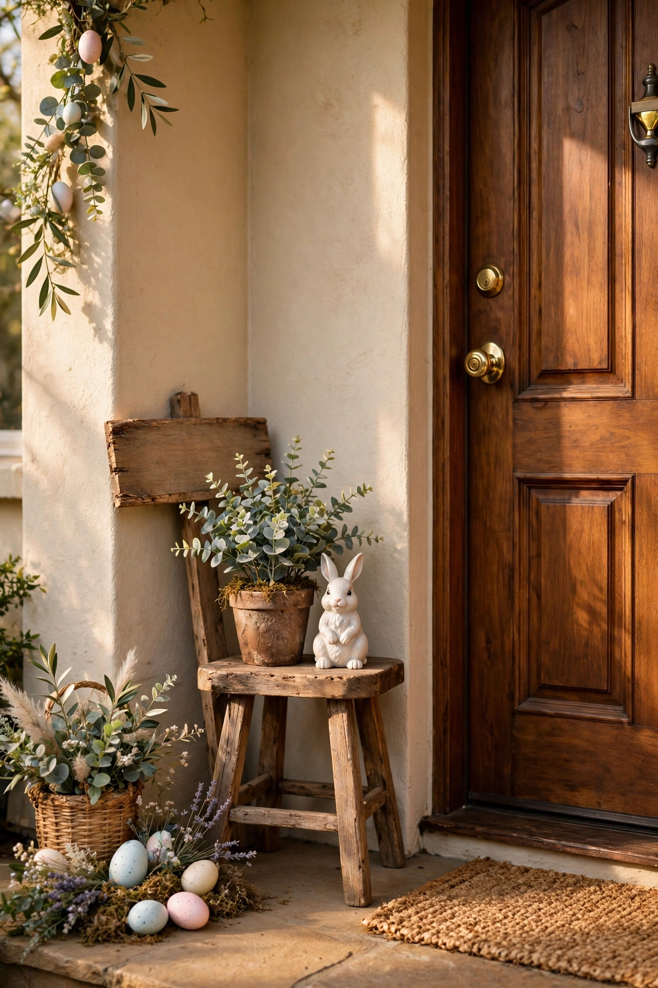 Easter entryway vignette with stool, plant, bunny and sign by a door