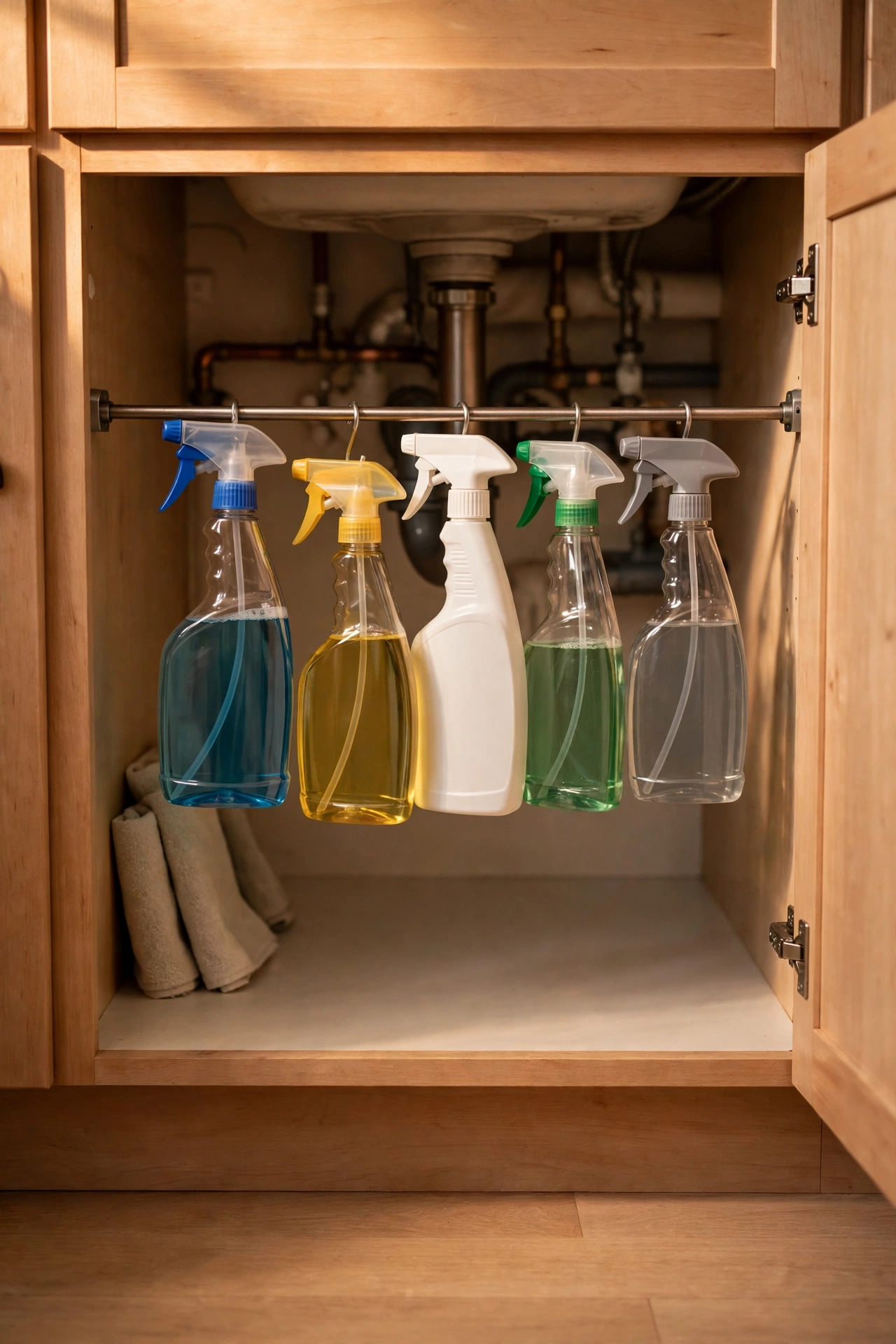 Tension rod under a sink with spray bottles hanging by their triggers