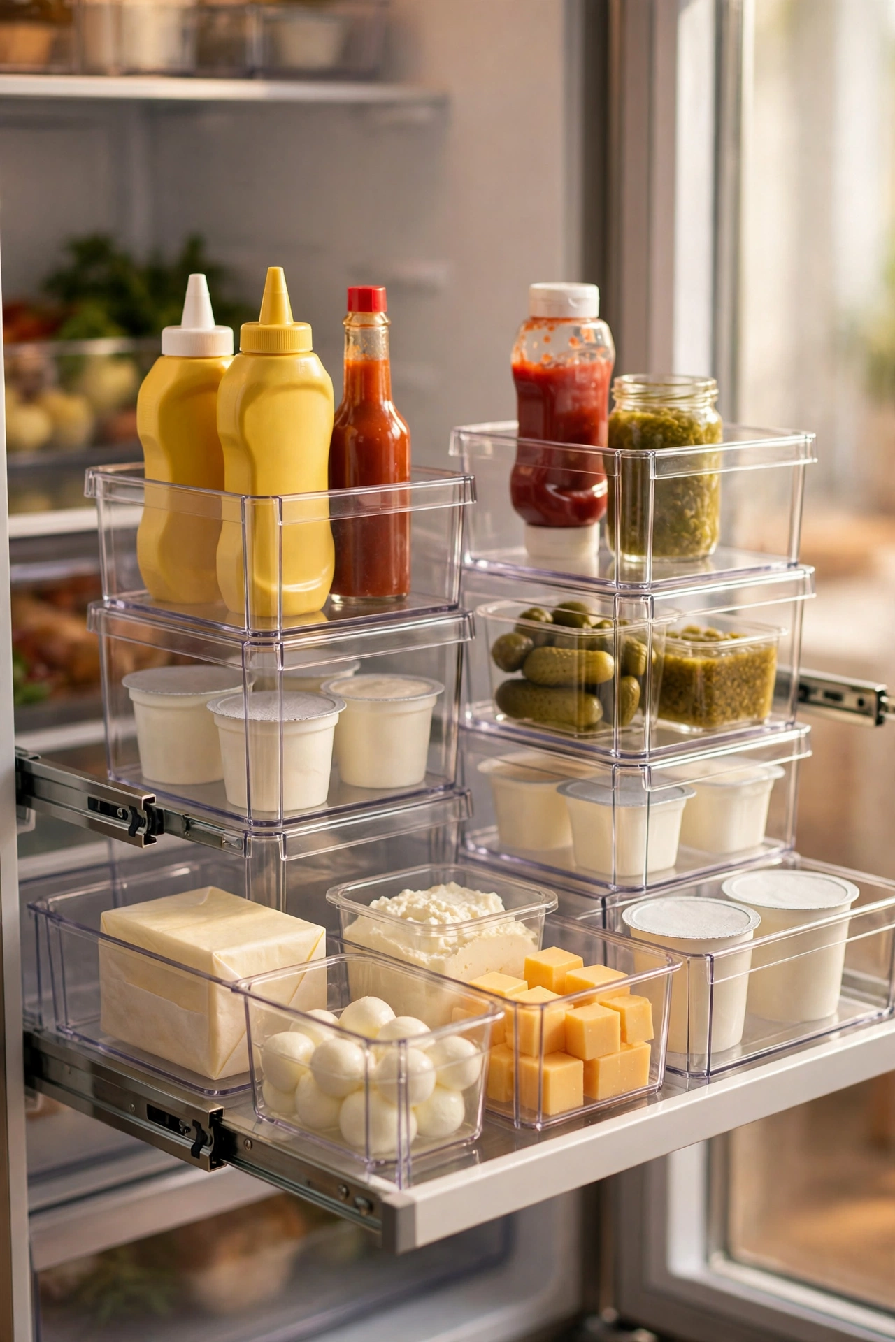 Stackable clear bins organising a fridge shelf