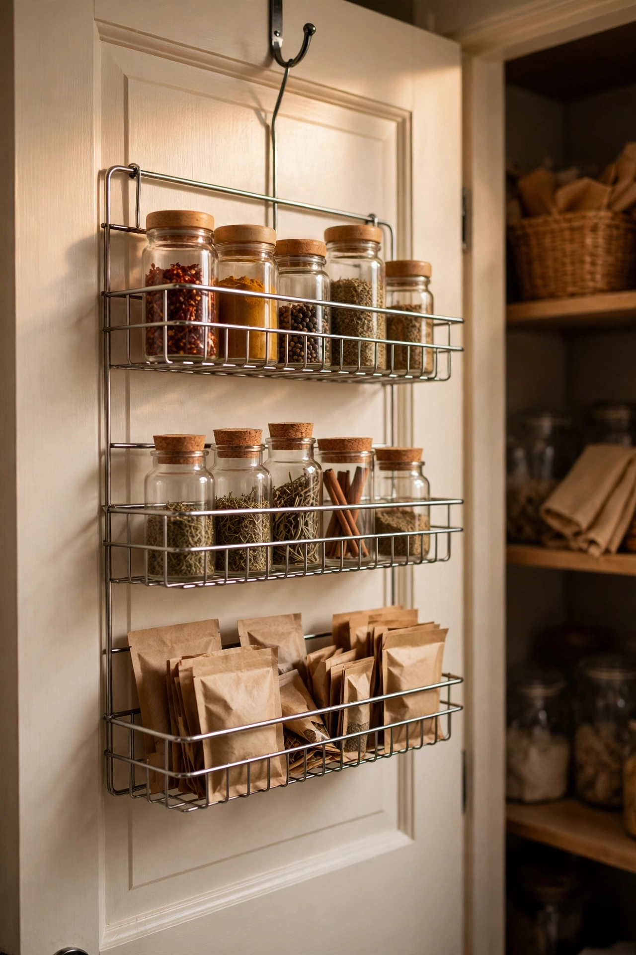 Wire over-door rack on a pantry door holding spices and packets