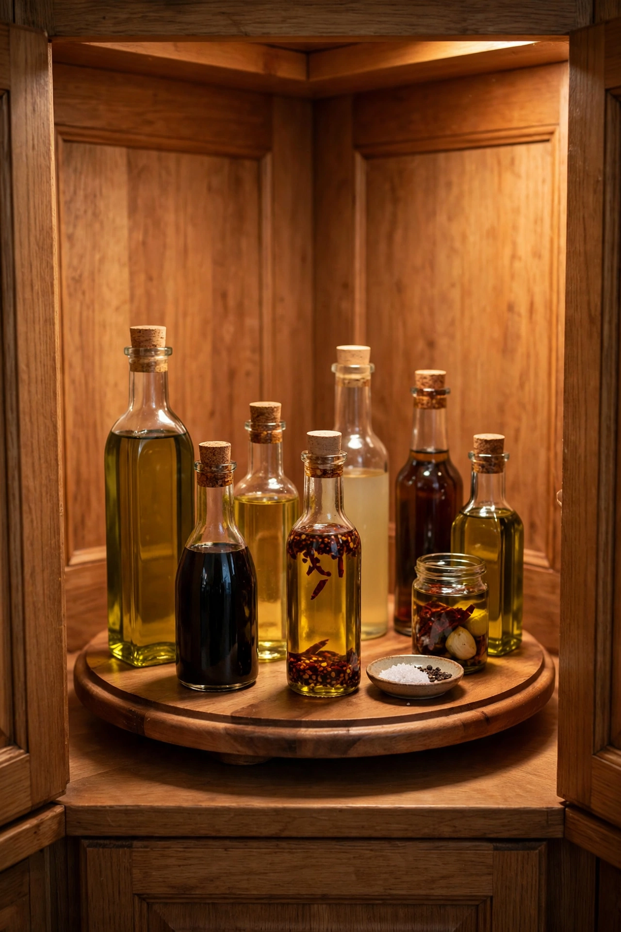 Turntable lazy susan with oils in a deep kitchen corner cupboard