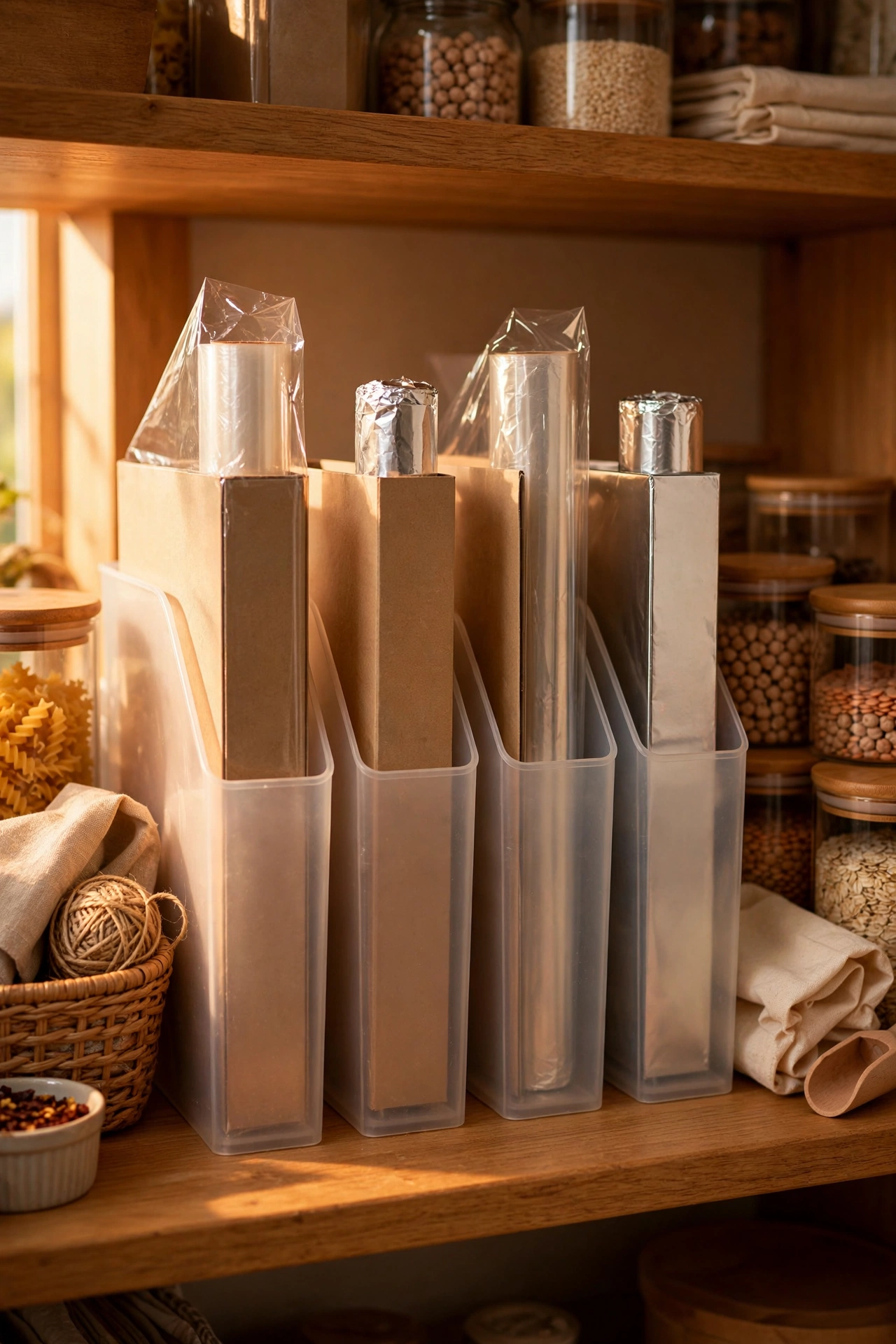 Plastic magazine files holding cling film and foil boxes upright