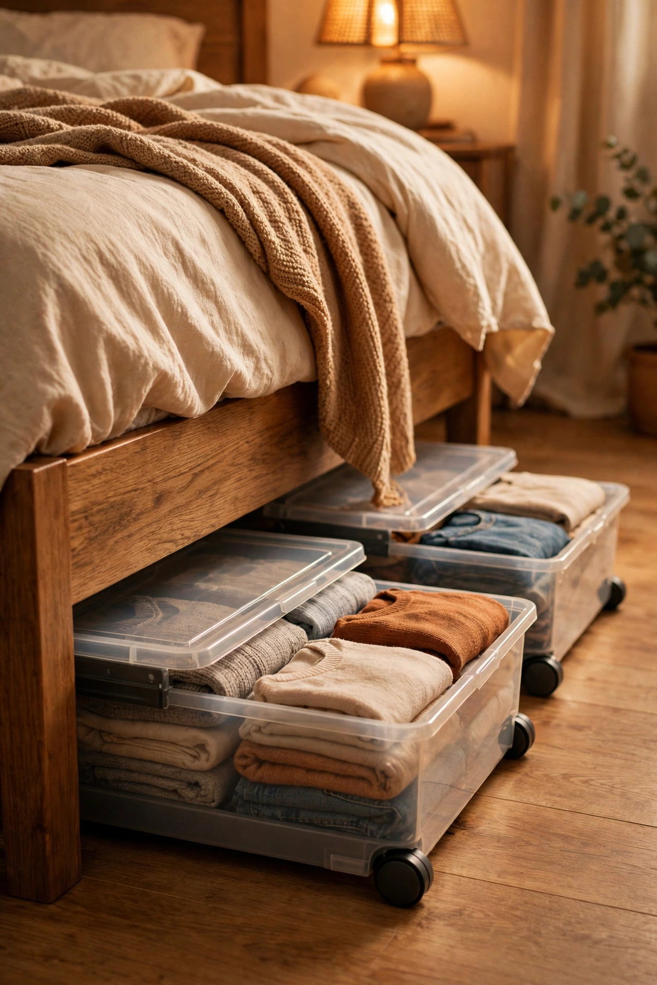 Low lidded storage boxes with wheels sliding under a bed