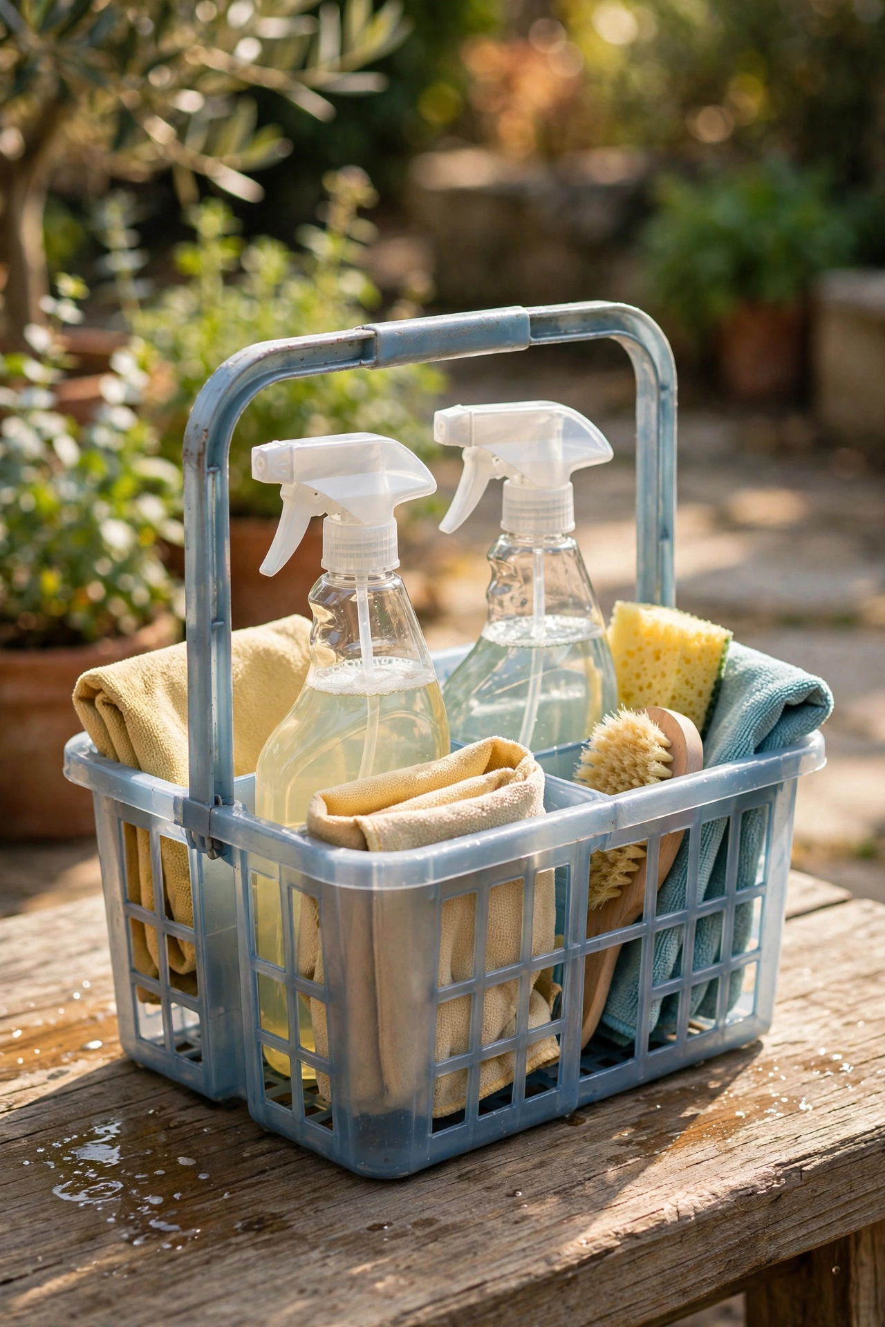 Shower caddy with handle repurposed as a portable cleaning kit