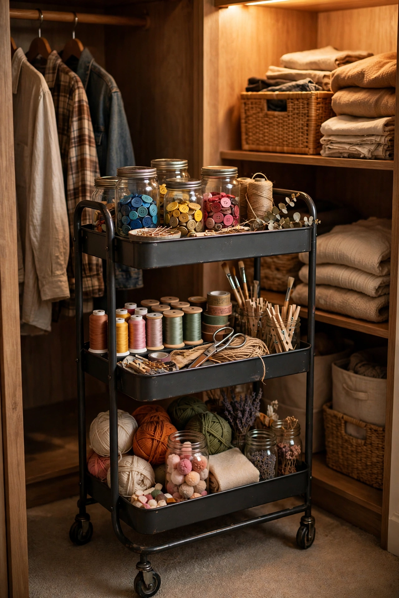 Three-tier rolling cart holding craft supplies in a closet