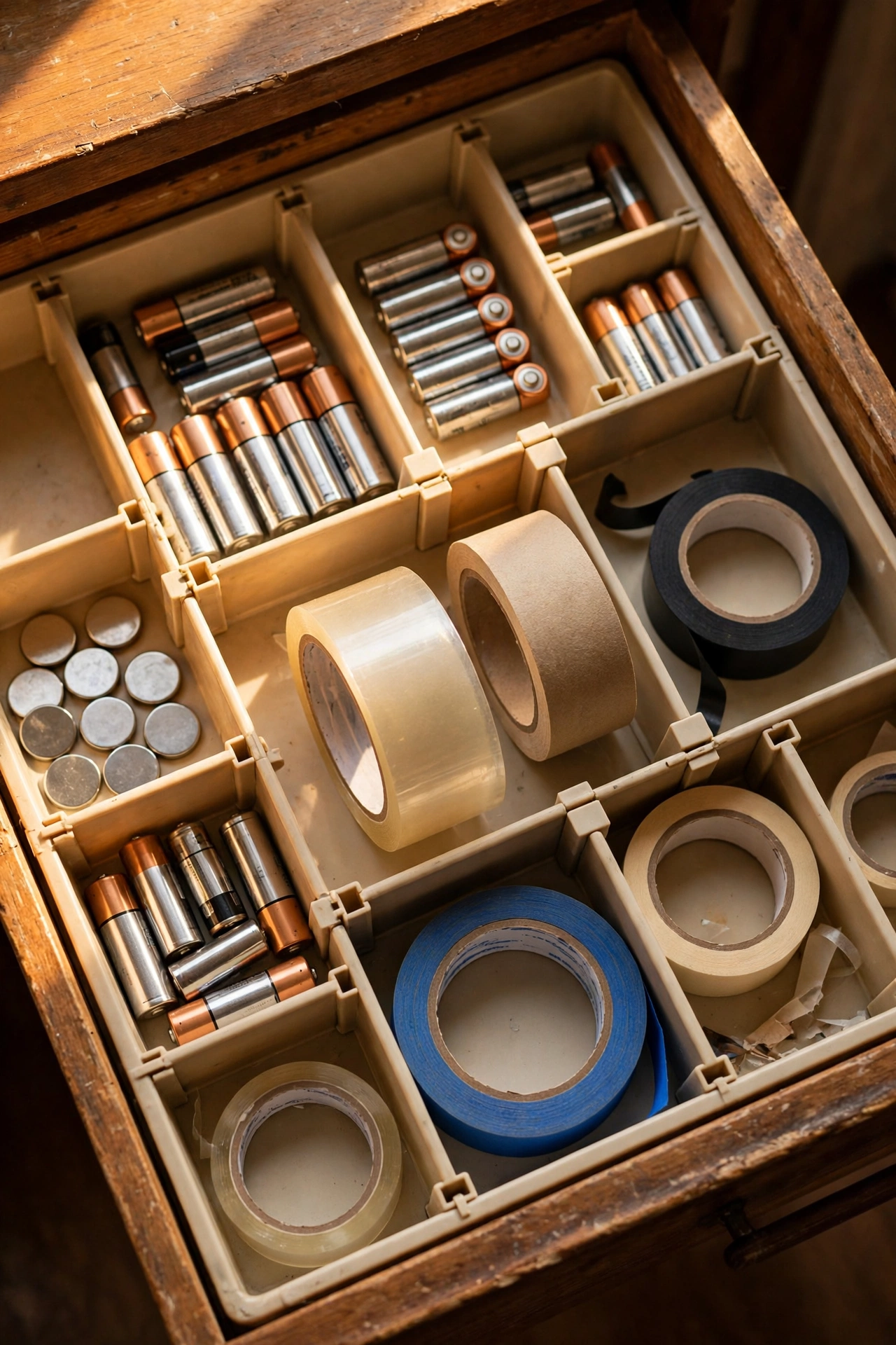 Adjustable dividers creating zones in a junk drawer