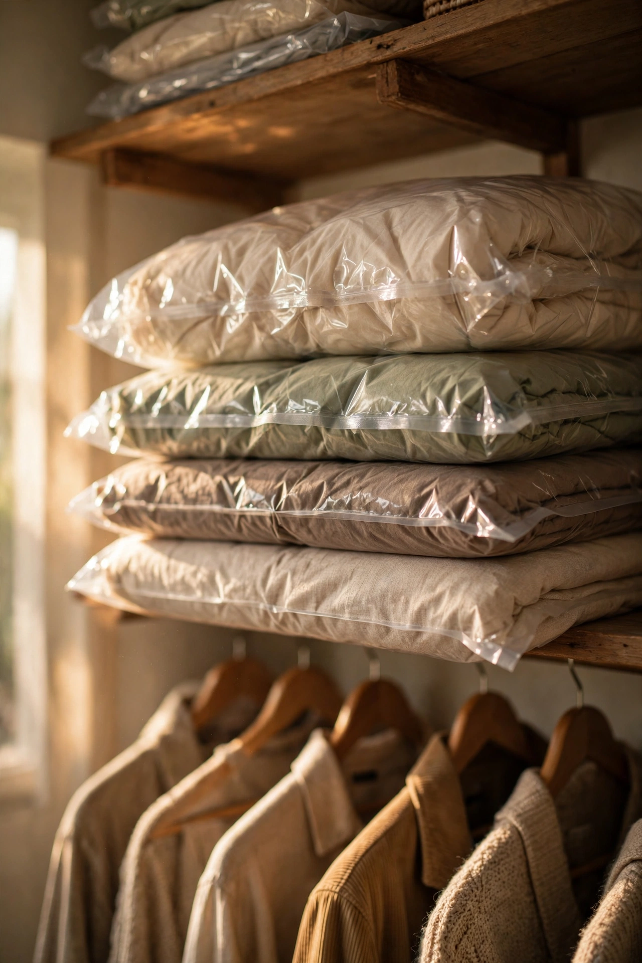 Vacuum storage bags with shrunken duvets on a high shelf