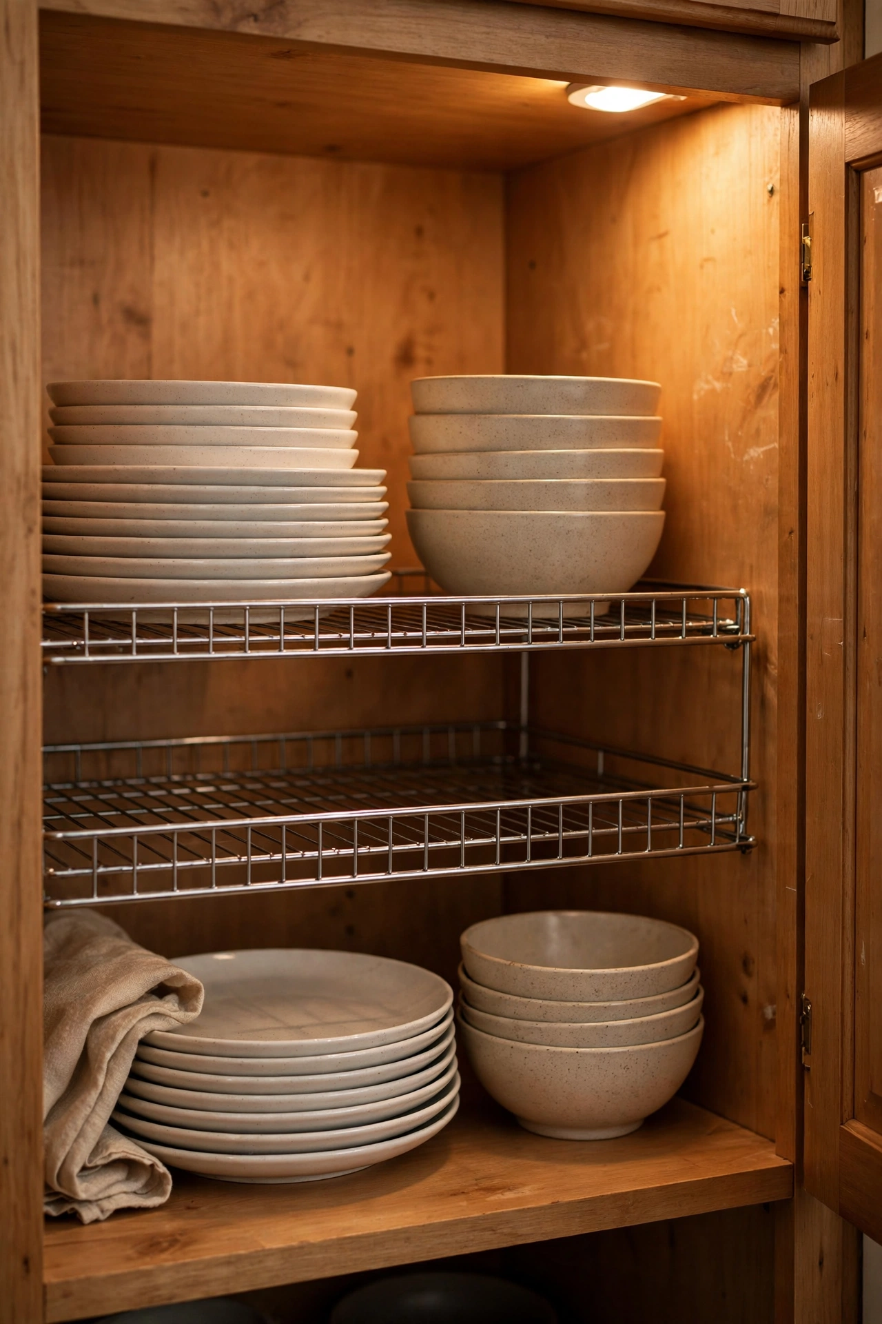Wire shelf risers doubling plate storage in a kitchen cupboard