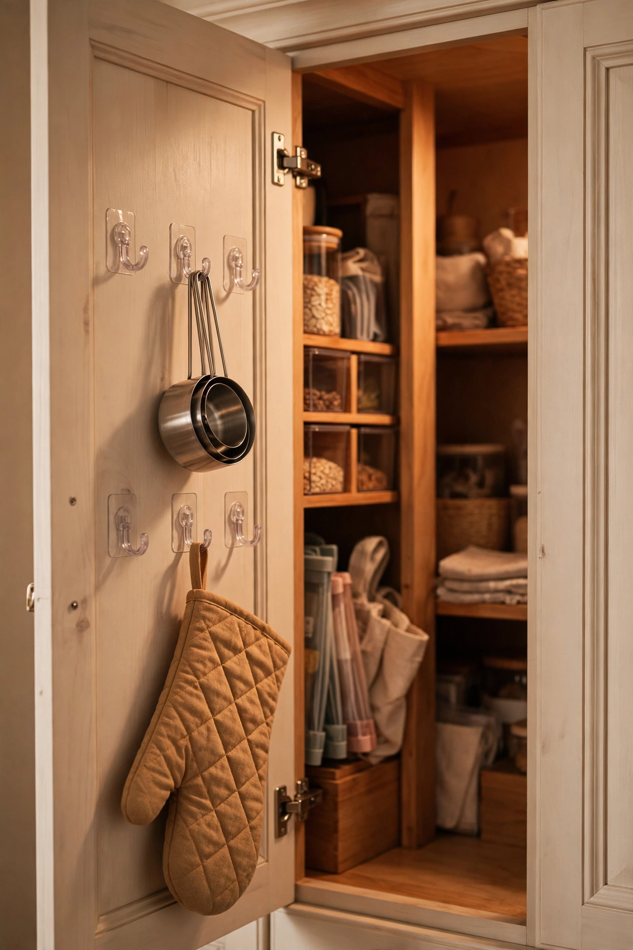 Adhesive hooks inside a cabinet door holding measuring cups