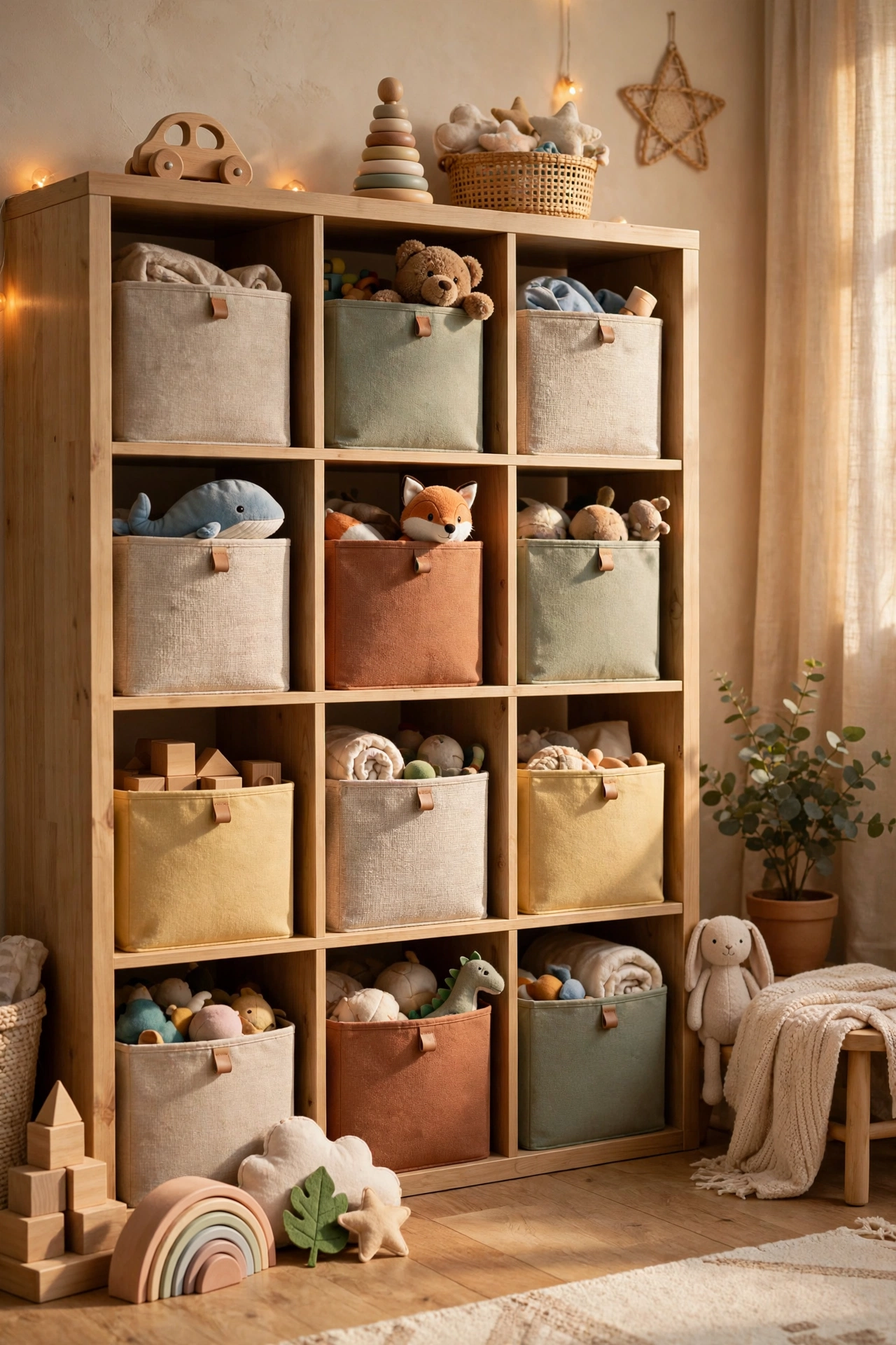 Cube shelving unit with labelled fabric bins for toys