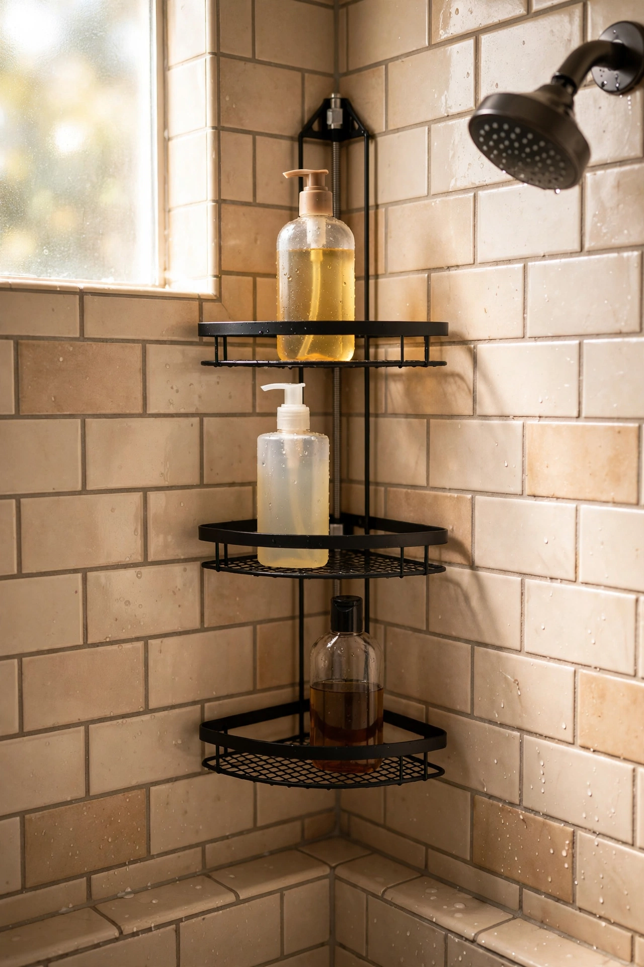 Tension corner shelf in a shower holding bottles