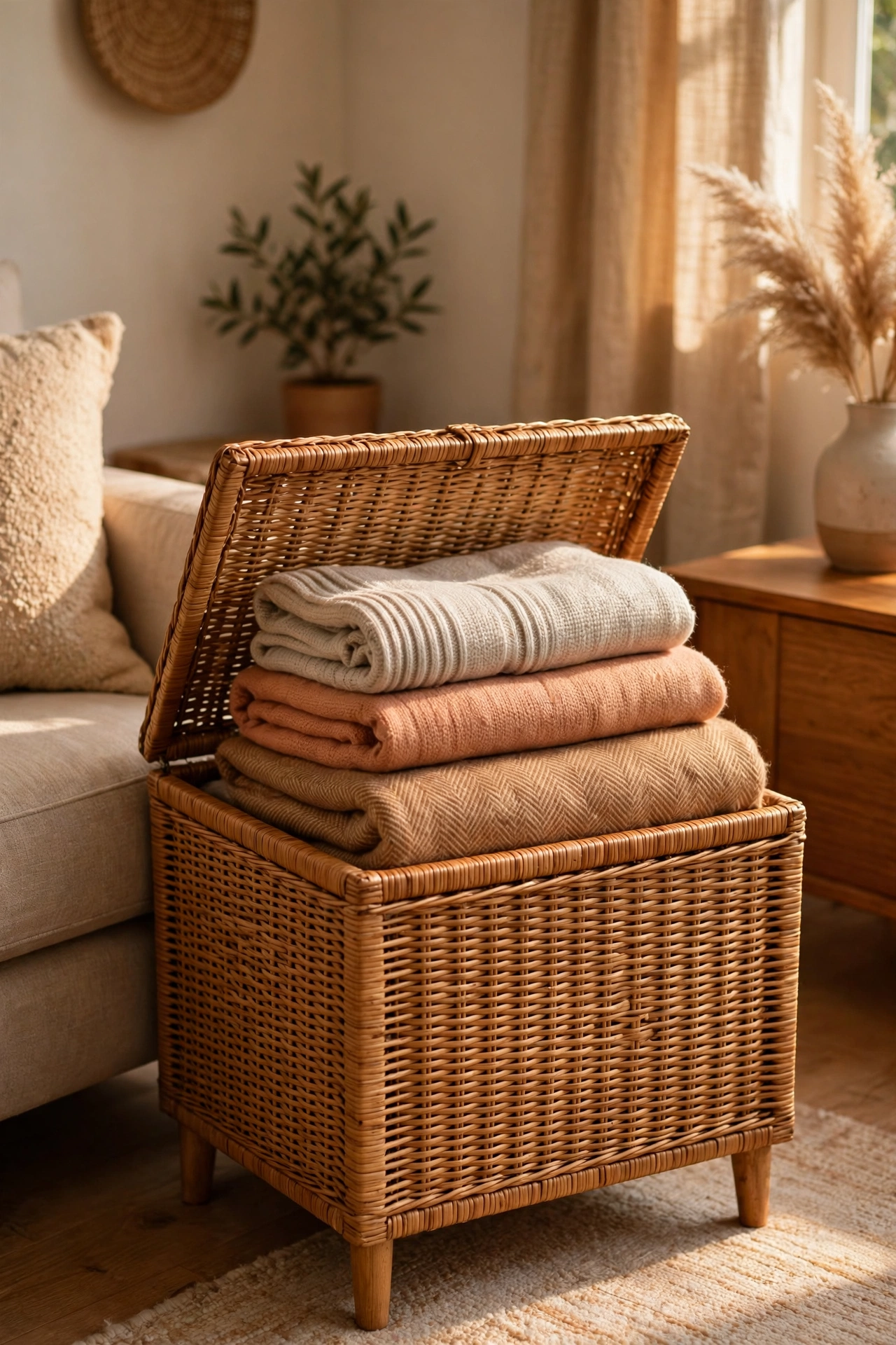 Lidded hamper matching the decor holding folded throw blankets