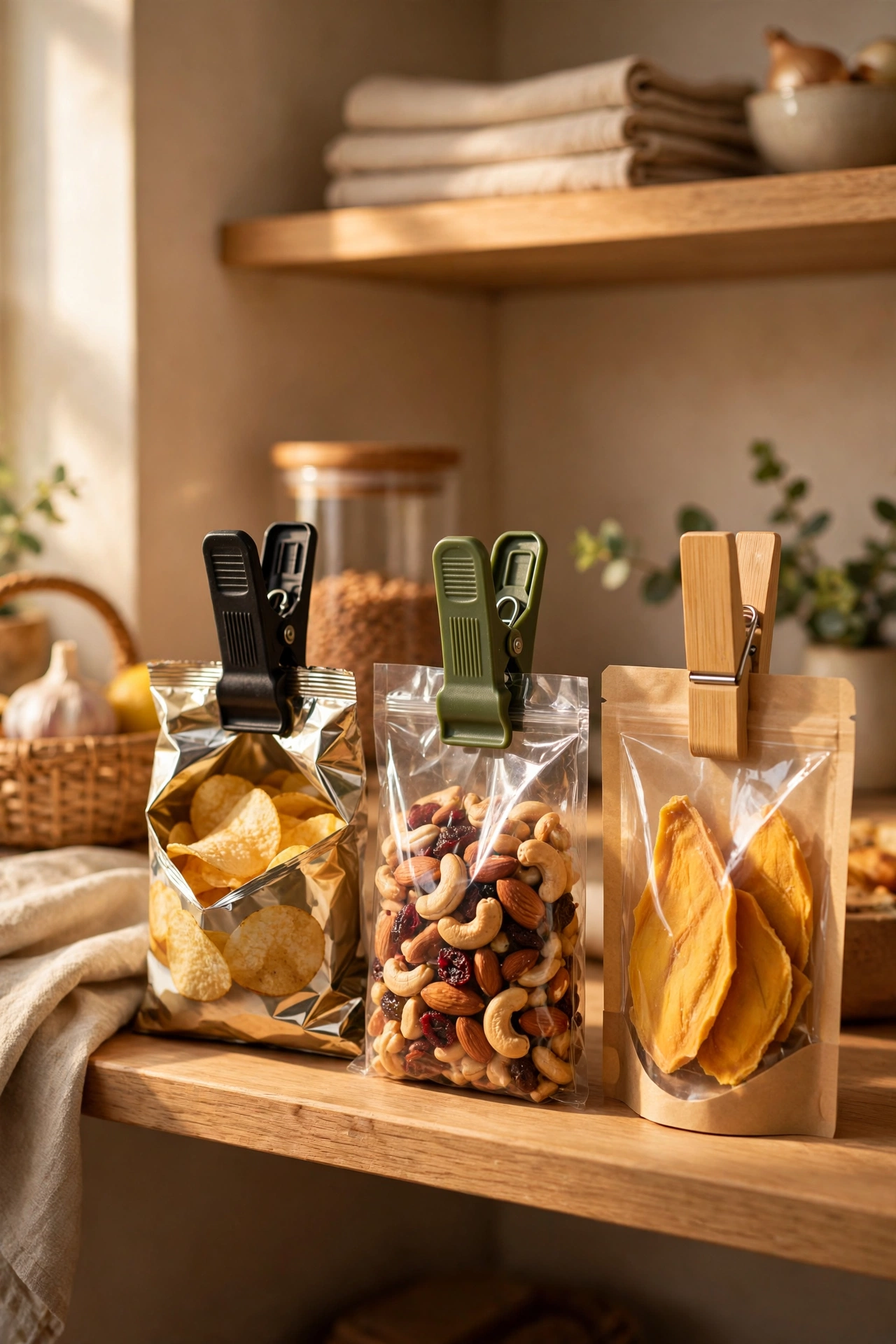 Sturdy bag clips sealing open snack packets on a pantry shelf