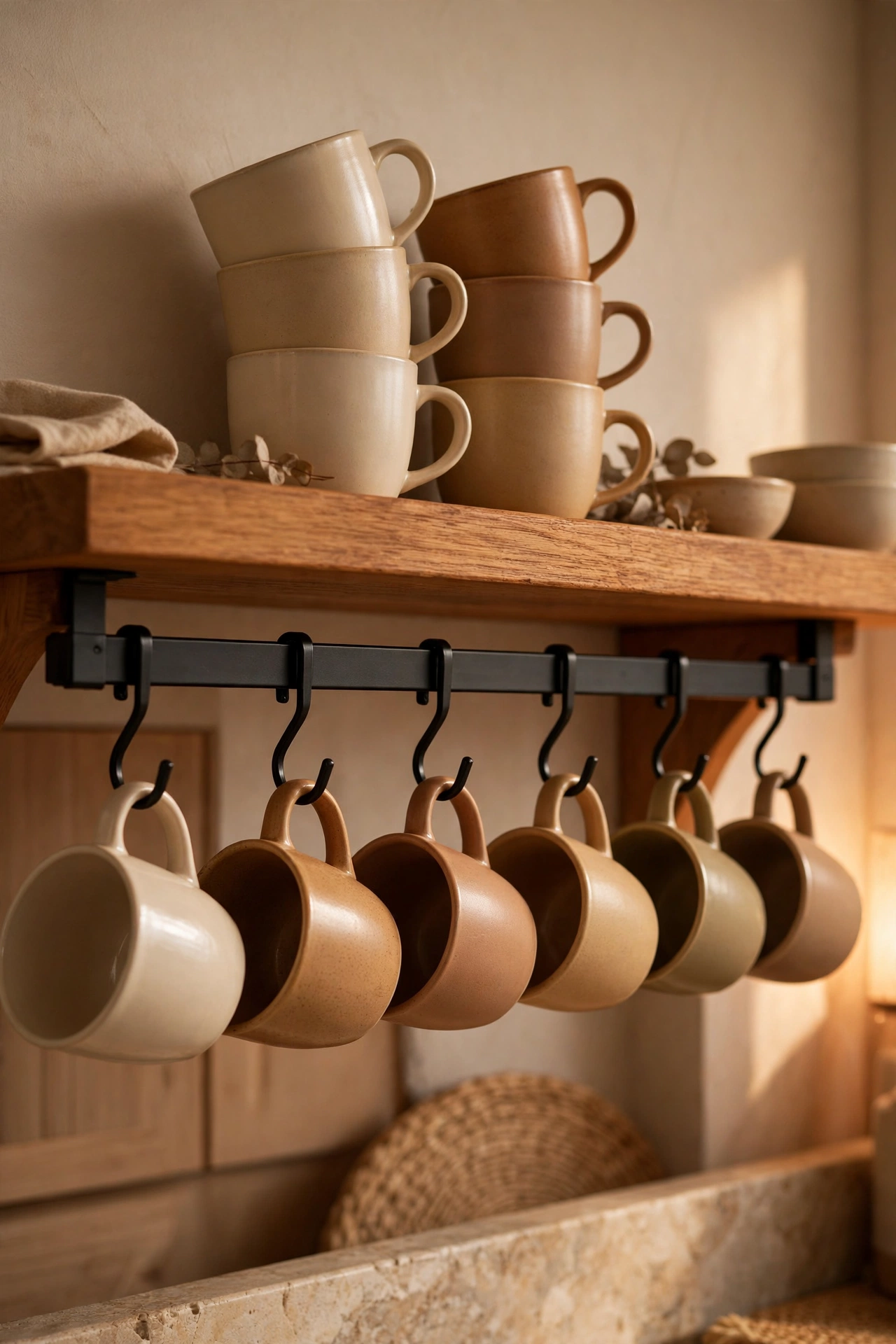 Slide-on hooks under a shelf with mugs hanging by their handles