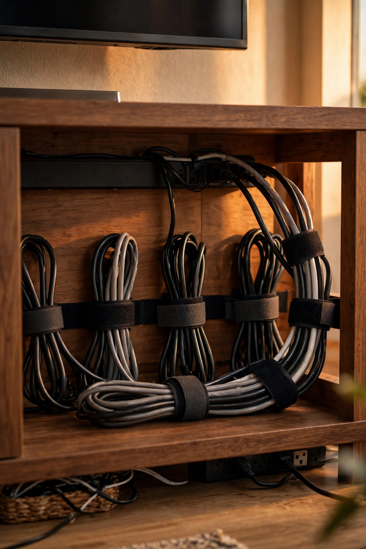 Velcro cable ties bundling labelled cords behind a TV