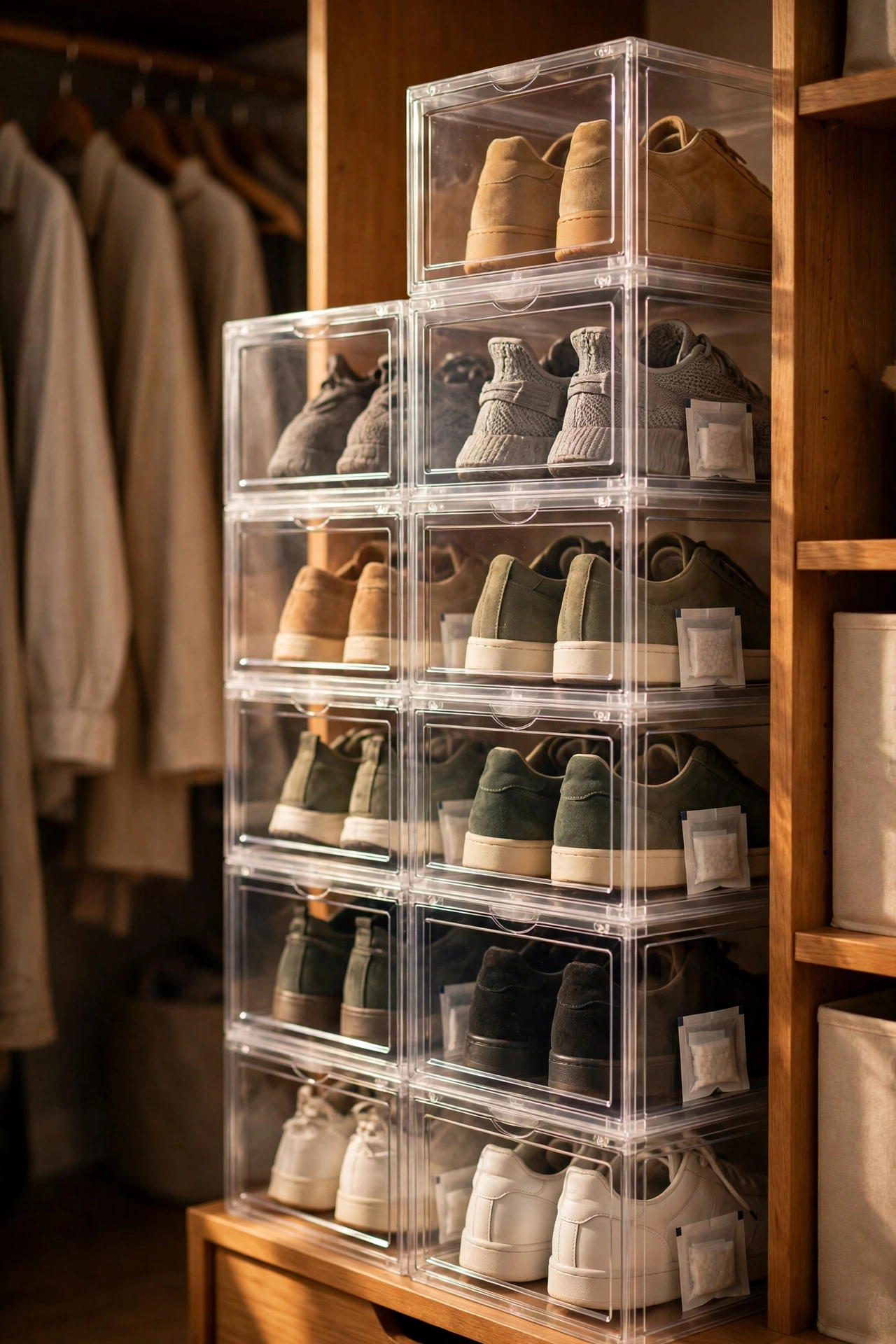 Clear stackable shoe boxes showing pairs in a closet