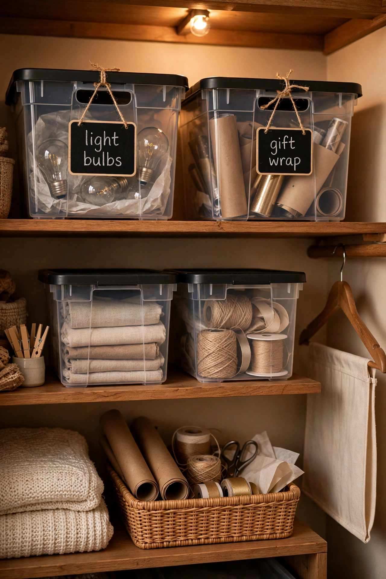 Storage bins with specific chalkboard labels in a closet
