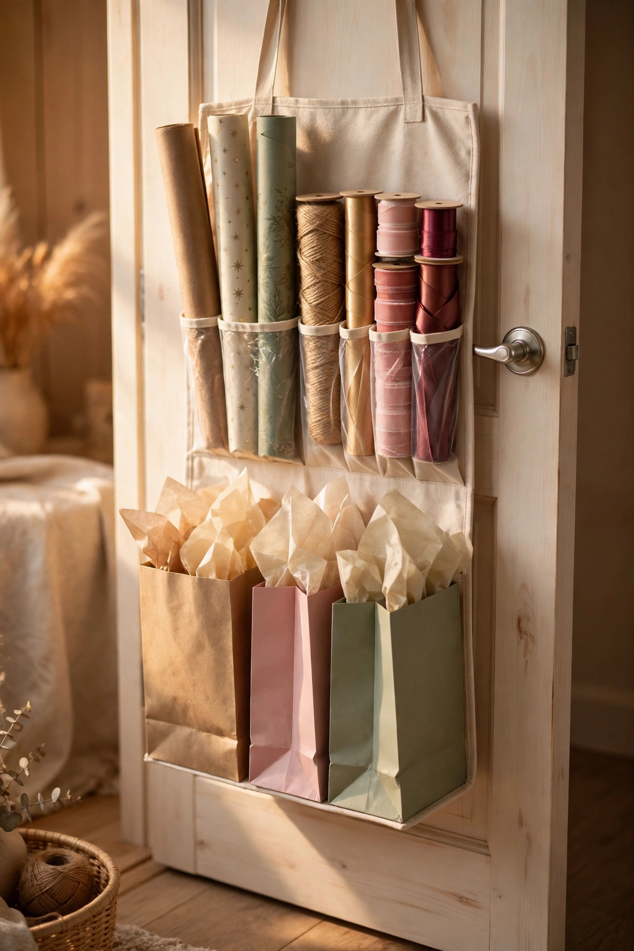 Over-door organiser on a closet door holding wrapping paper rolls
