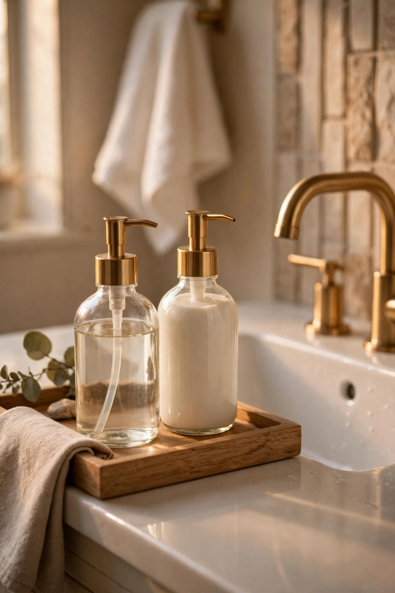 Matching glass soap dispenser and lotion bottles on a small bathroom tray
