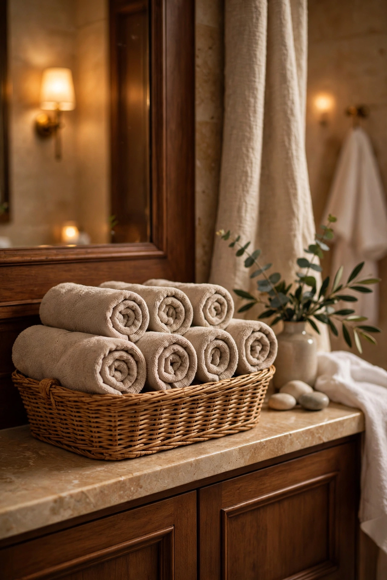 Hand towels rolled spa-style in a basket on a bathroom shelf