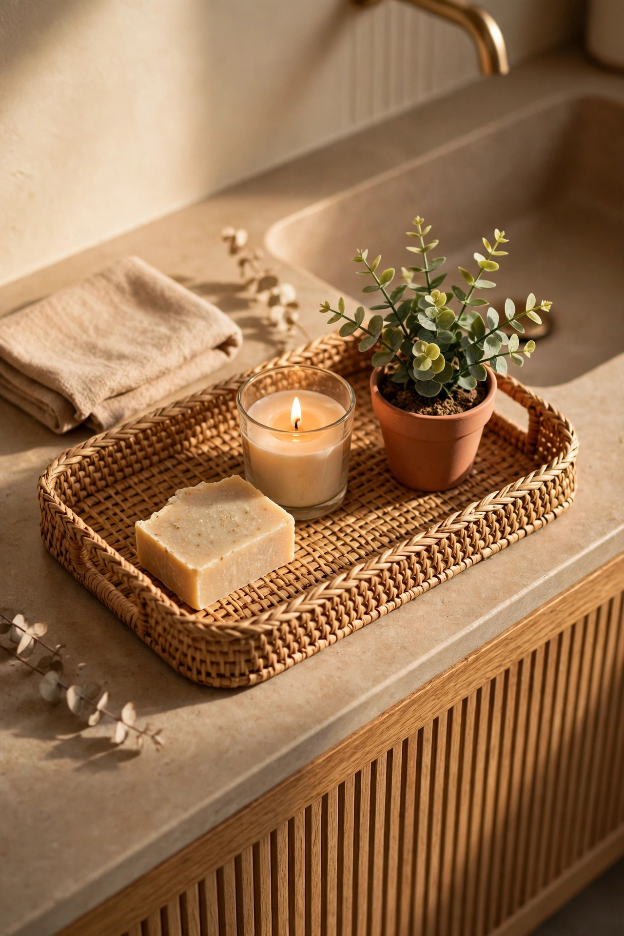 Woven tray styling soap, plant and candle on a bathroom vanity