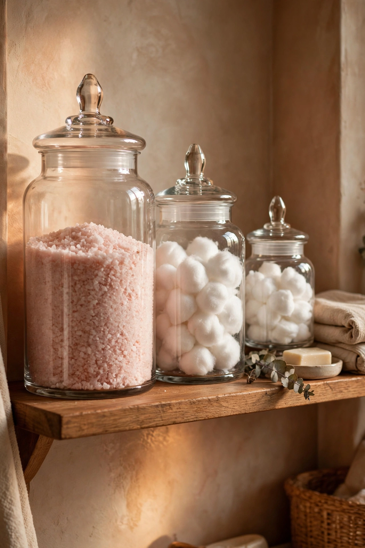 Glass apothecary jars with lids holding cotton balls and bath salts