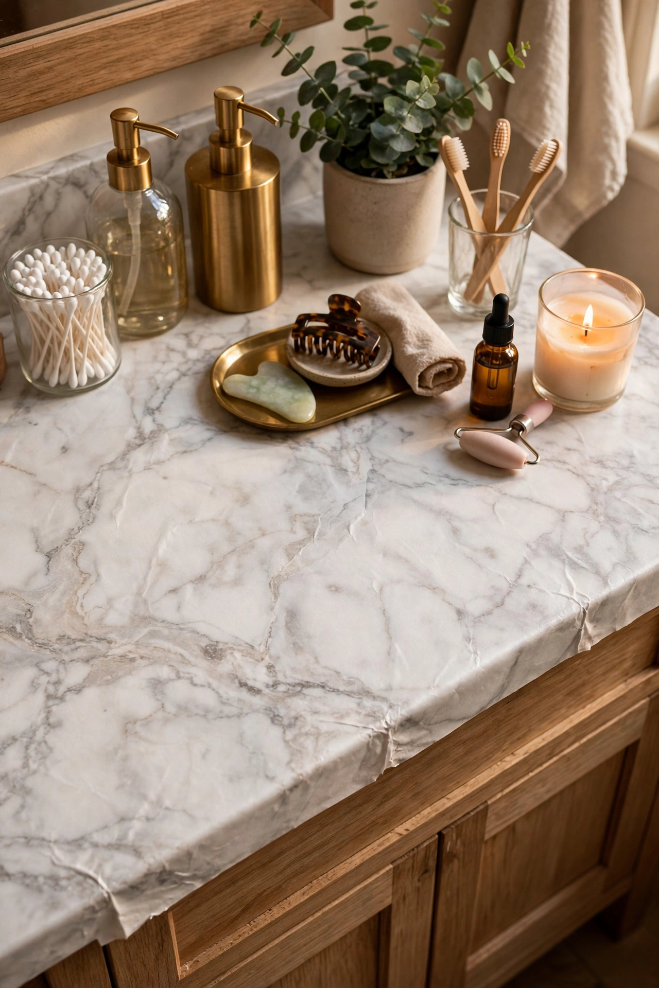 Bathroom vanity top covered in faux marble contact paper