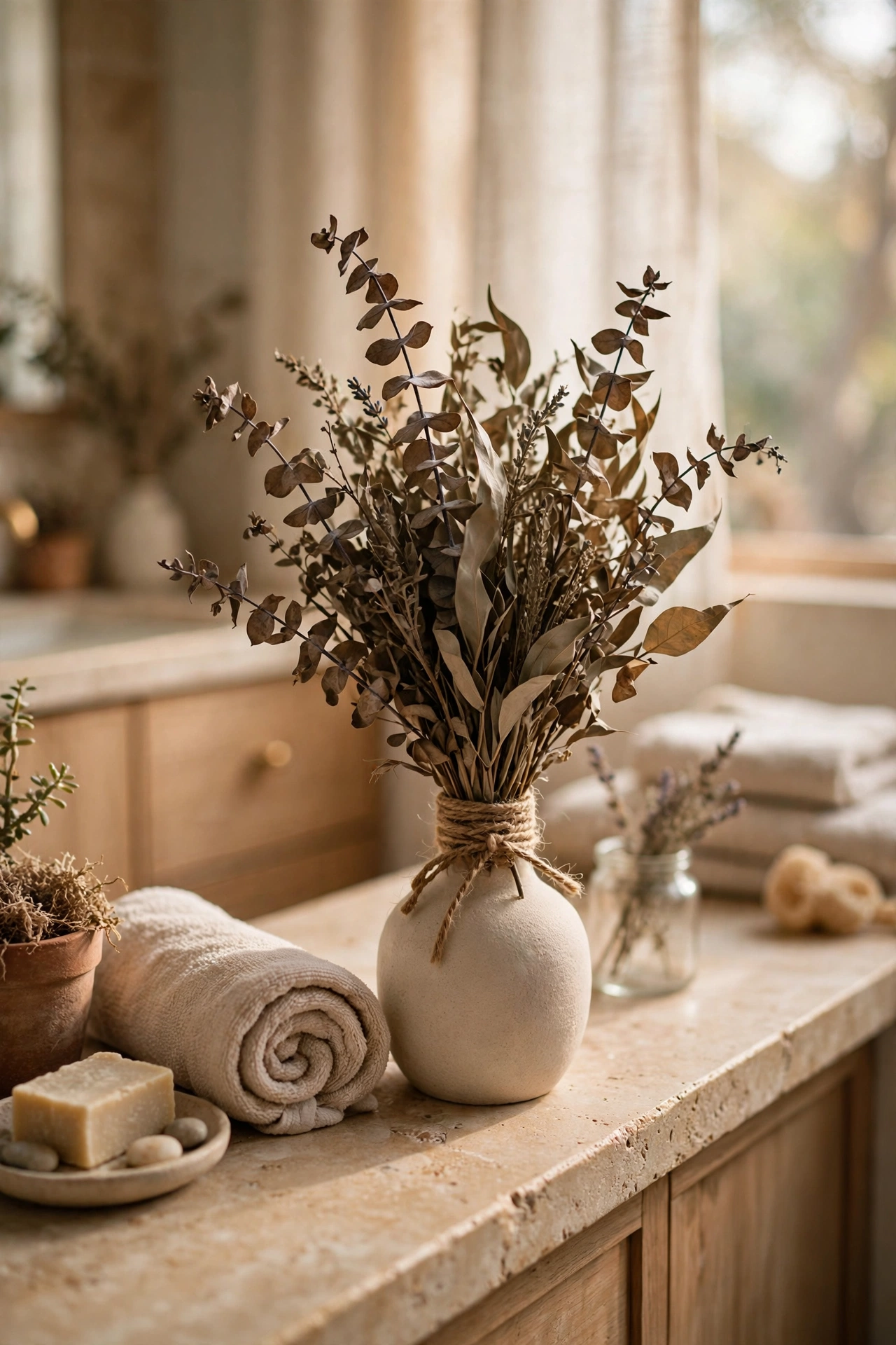 Dried eucalyptus bundle tied with twine in a vase on a vanity