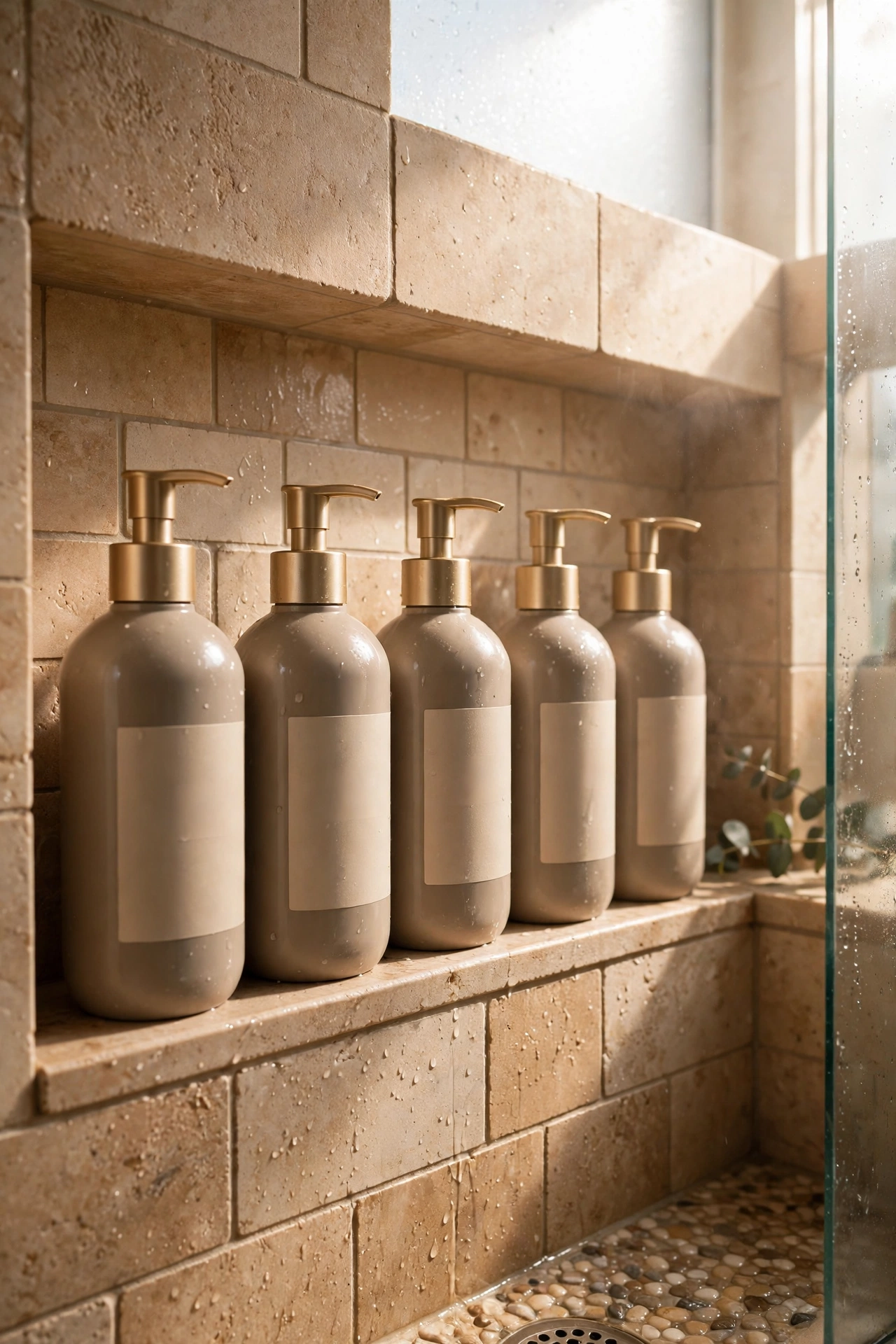 Matching pump bottles with waterproof labels in a shower