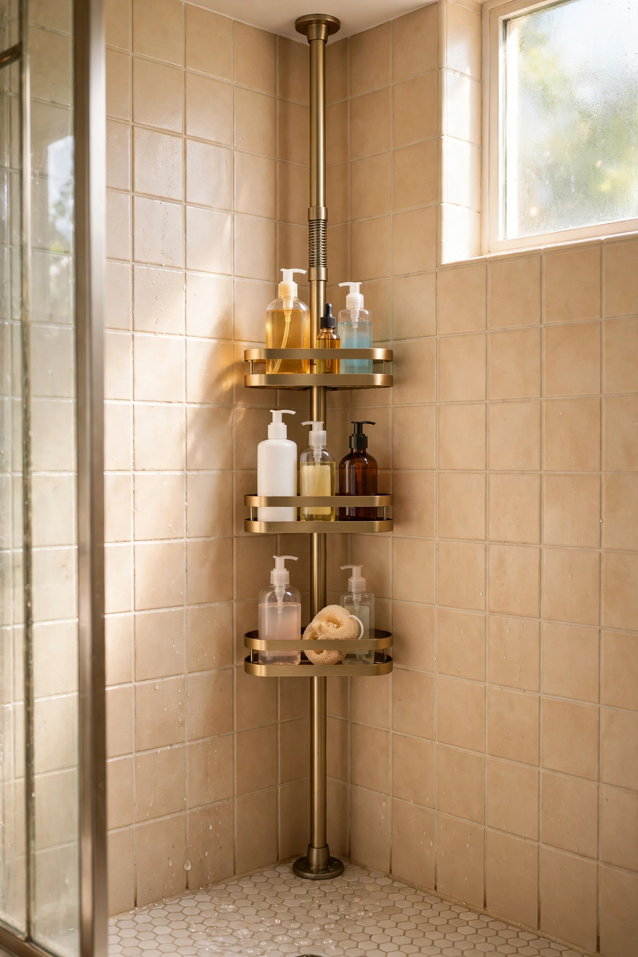 Tension-pole corner caddy in a tiled shower holding bottles