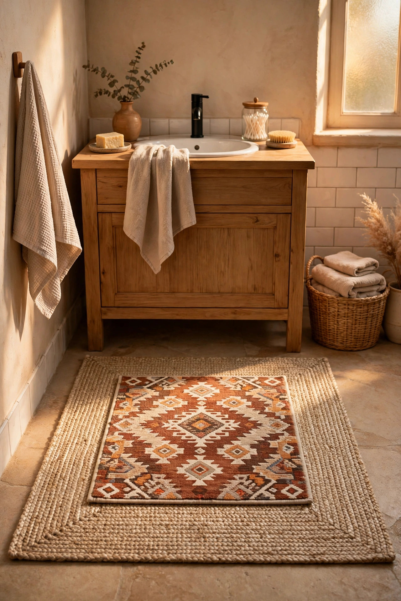 Small patterned bath mat layered over a larger neutral mat