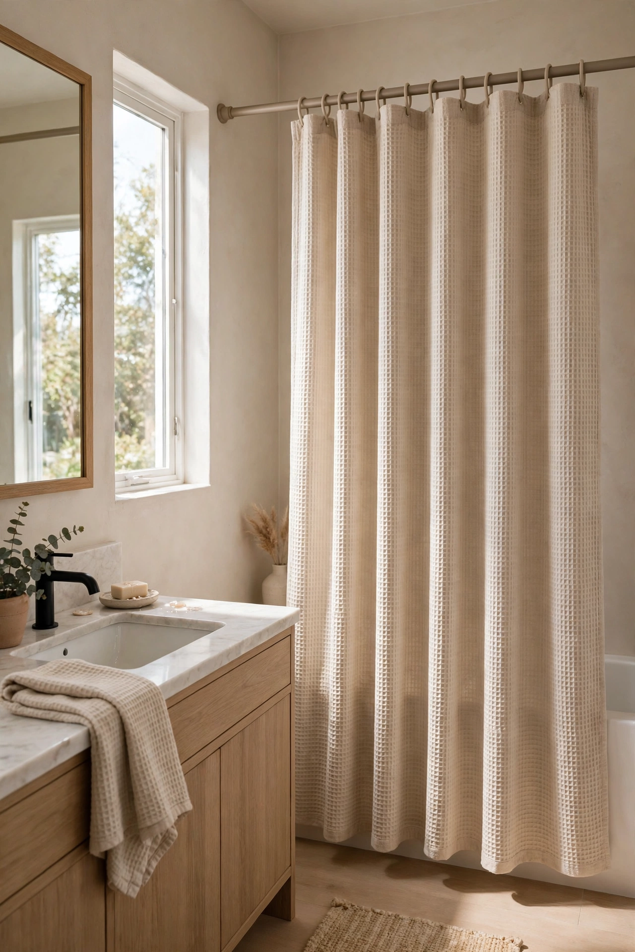 Fresh waffle-texture shower curtain with matching rings
