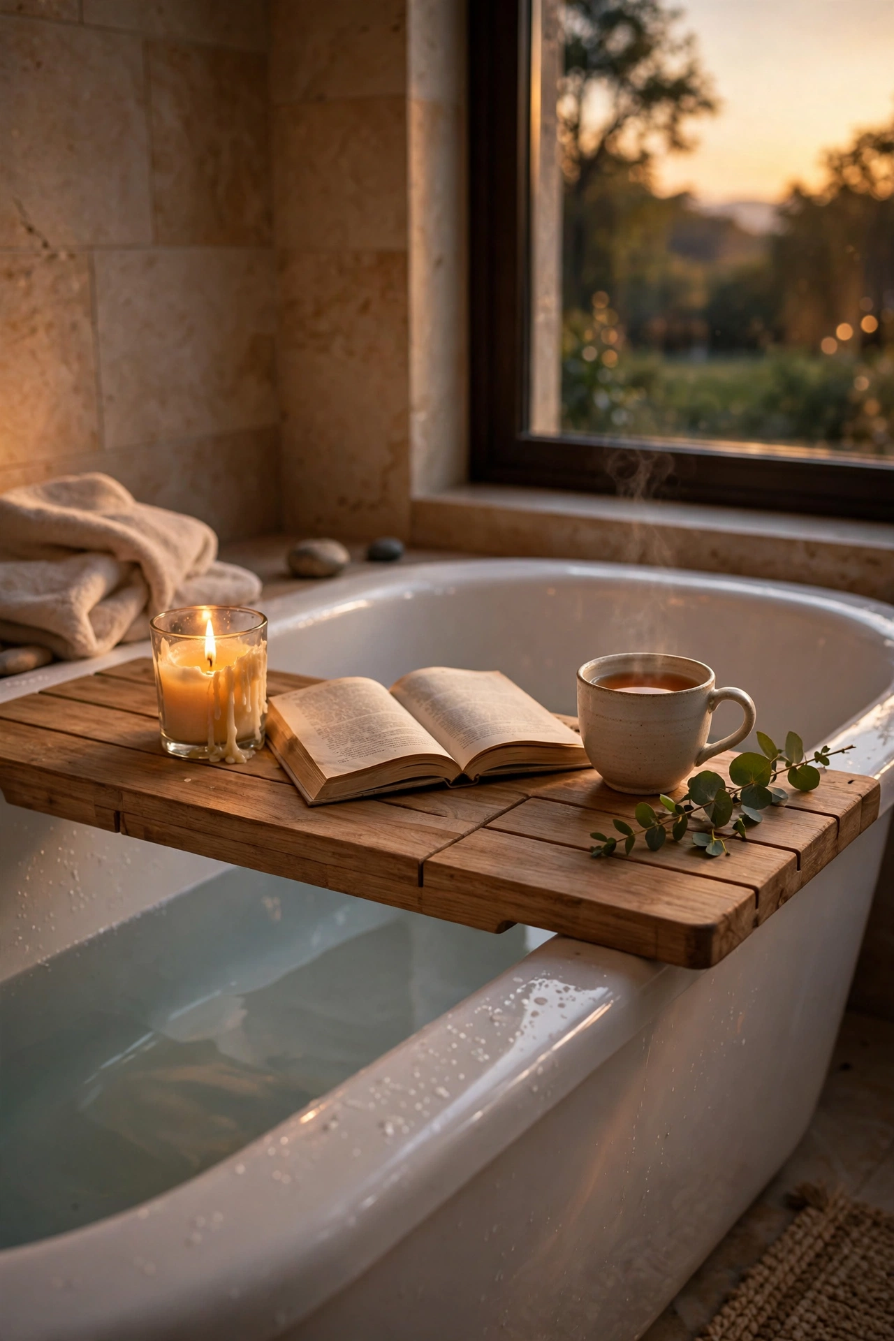 Wooden bath board across a tub holding a candle and book