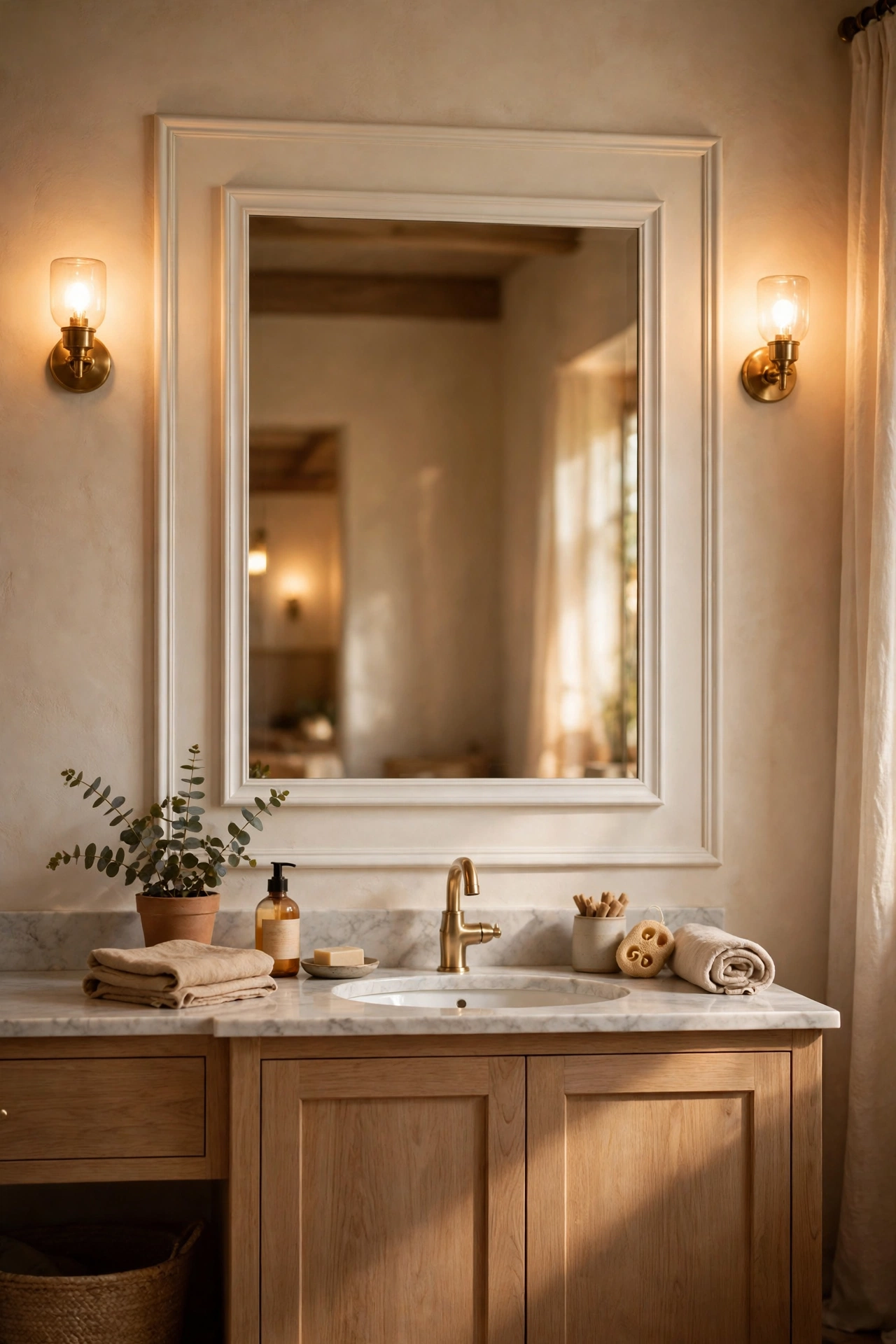Plain bathroom mirror framed with lightweight trim moulding