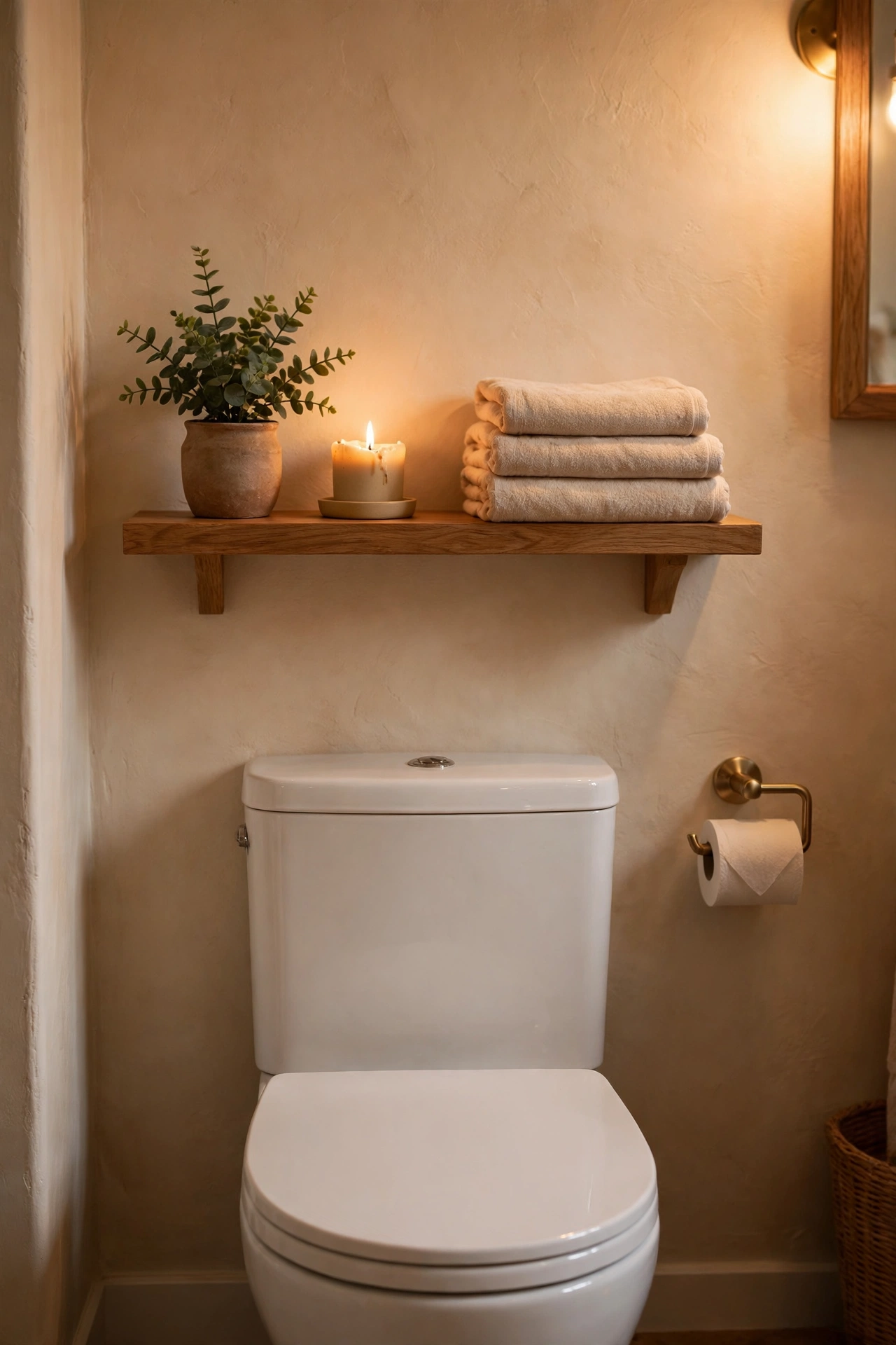 Floating shelf above a toilet styled with plant, candle and towels