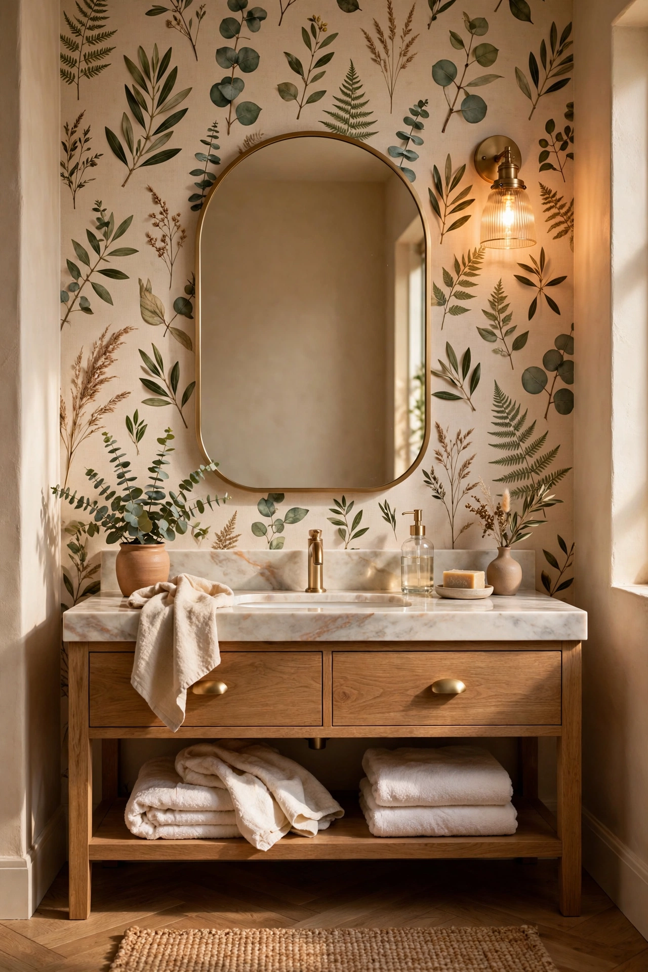 Peel-and-stick wallpaper accent wall behind a bathroom mirror