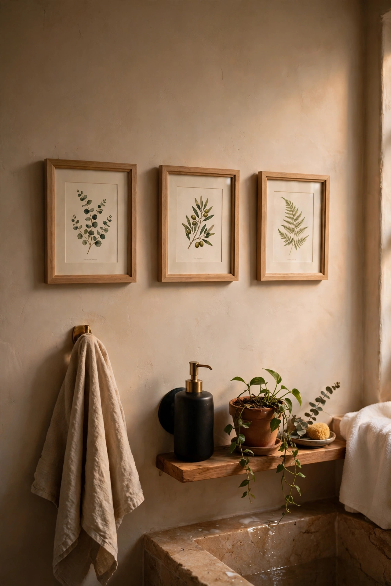 Three small matching framed botanical prints in a row on a bathroom wall
