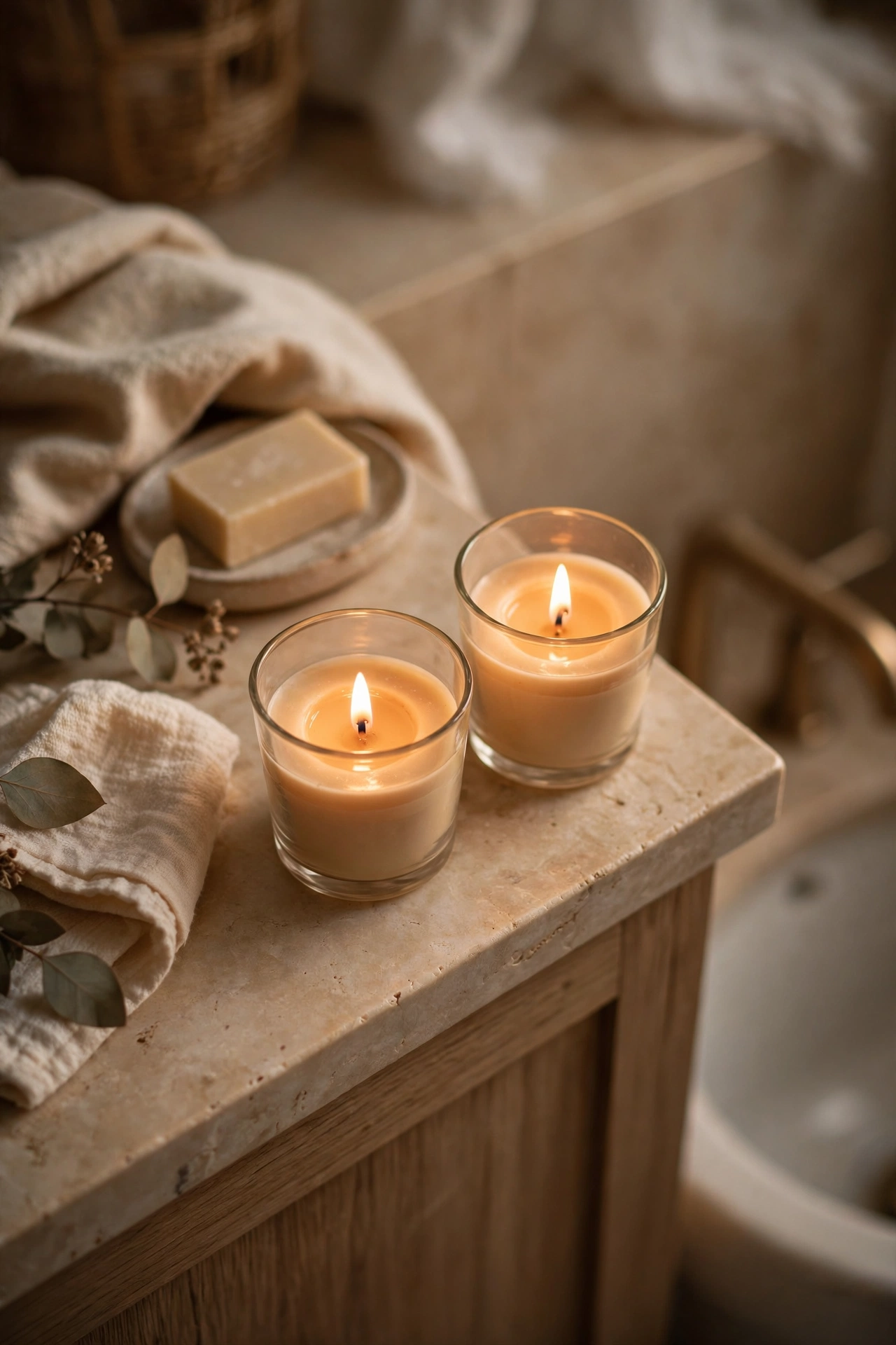 Two candles in glass holders on a bathroom vanity