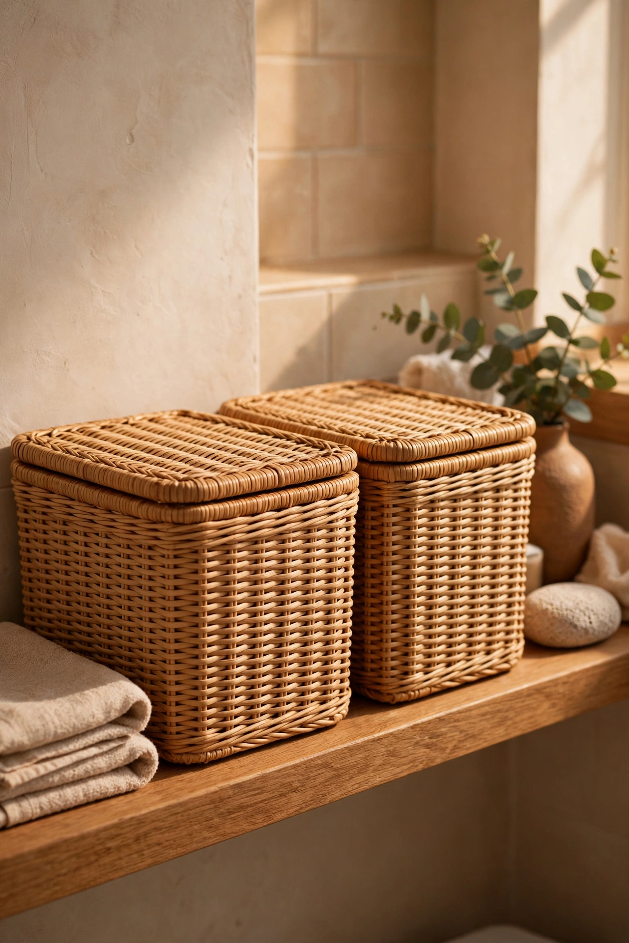 Matching woven baskets hiding toiletries on a bathroom shelf