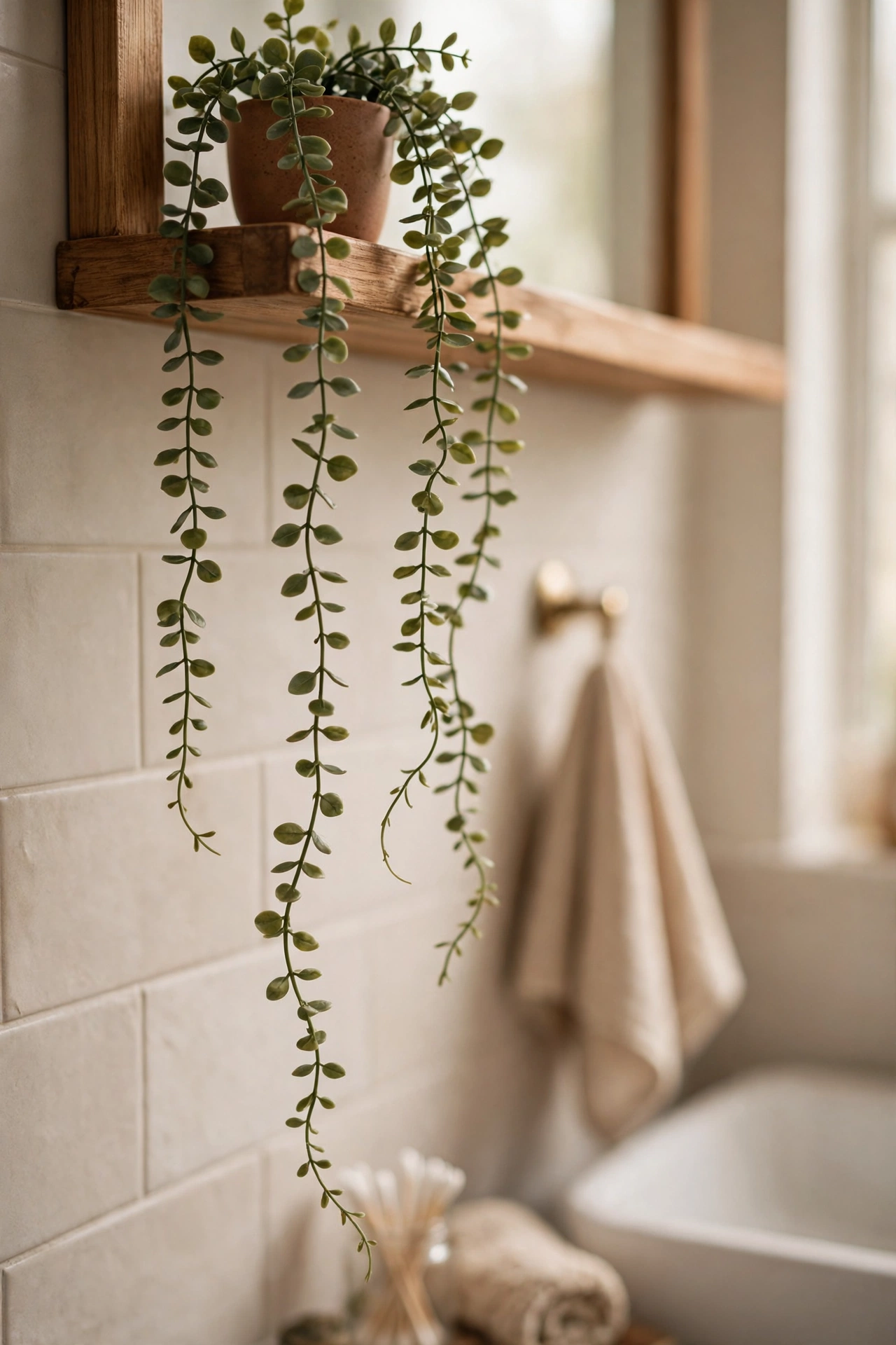 Small faux trailing plant draping from a high bathroom shelf