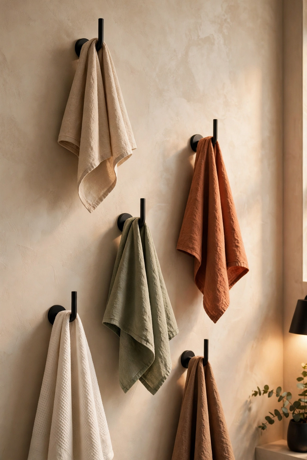 Matte black individual towel hooks at staggered heights